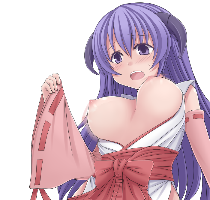 07th_expansion blush bouncing_breasts bow breasts breasts_out detached_sleeves female hakama hanyuu hasu_(hk_works) higurashi_no_naku_koro_ni horns japanese_clothes long_hair miko nipples purple_hair sweat tear wardrobe_malfunction