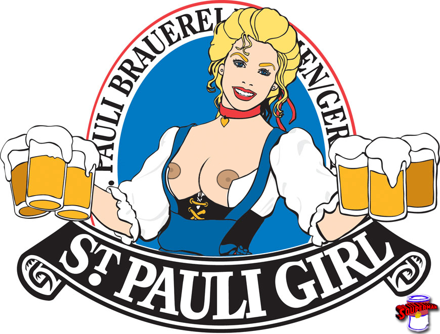 beer beer_mug bizarro_souperman blonde_hair blue_eyes breasts brown_nipples clothed clothing cup female female_only front_view holding_cup holding_object human logo looking_at_viewer mascot nipples pale_skin parted_lips partially_clothed smile solo st_pauli_girl text