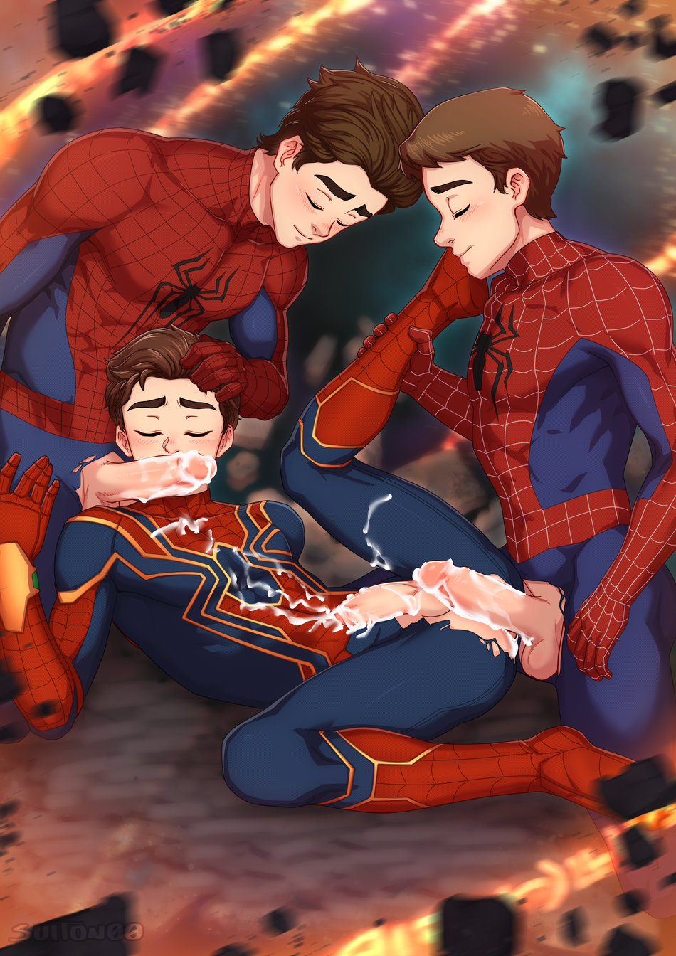 andrew_garfield balls blush brown_hair closed_eyes cum_on_body cum_on_penis gay hair_grab leg_grab male_only marvel muscular_male selfcest spider-man spider-man:_no_way_home spider-man_(tom_holland) straight_hair suit suiton threesome tobey_maguire tom_holland