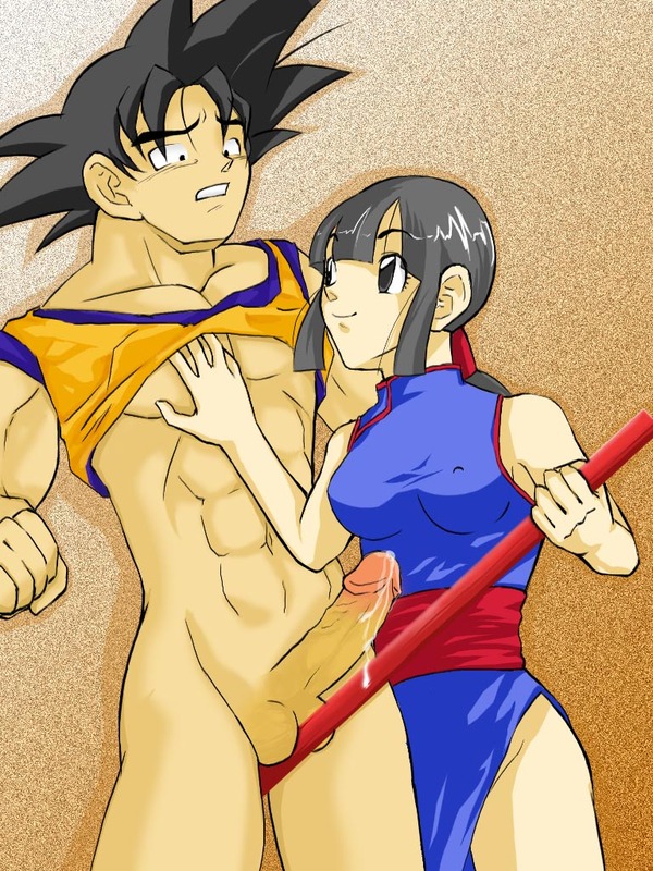 abs chichi cum dragon_ball dragon_ball_(classic) female hand_on_chest human husband_and_wife male muscle_worship muscles pecs power_pole son_goku straight straight_hair