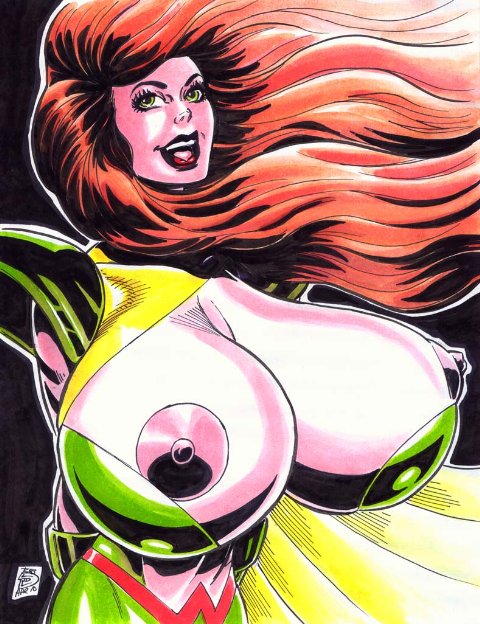 boobs boobs_bigger_than_head breasts breasts_bigger_than_head breasts_out breasts_out_of_clothes busty dc dc_comics exposed_breasts female gigantic_breasts green_eyes huge_breasts maxima_queen_of_almerac nipples red_hair rob_durham smile superman_(series) tits_bigger_than_head tits_out