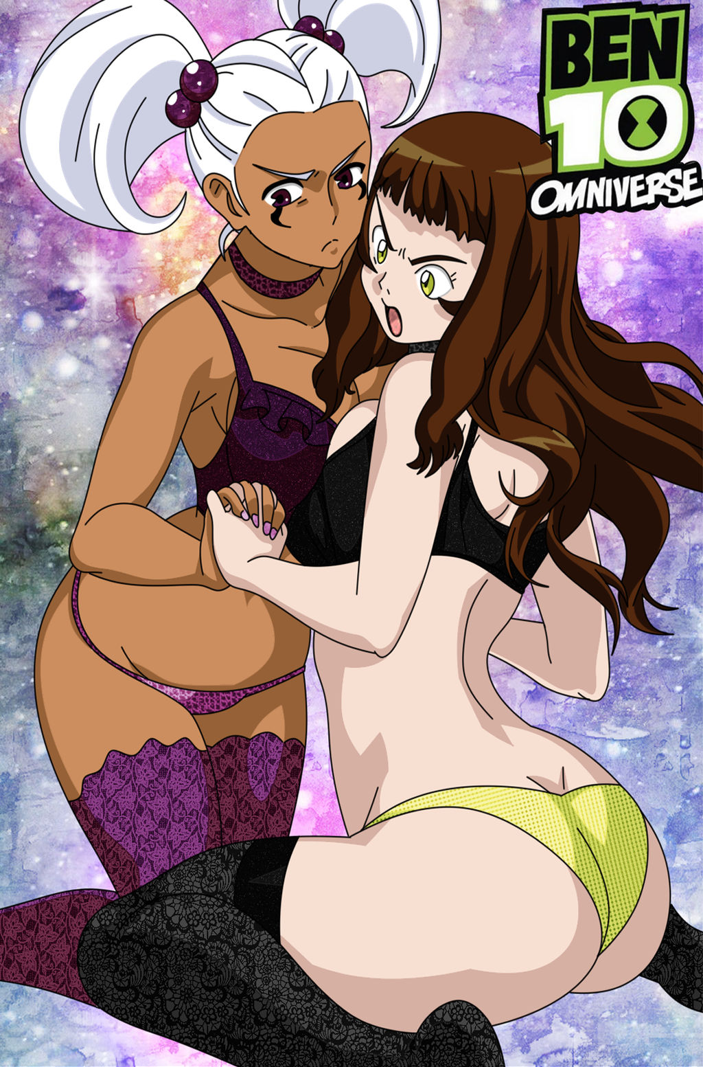 2girls ass ben_10 ben_tennyson breast_press charmcaster dark-skinned_female female female_ben female_only genderswap_(mtf) large_breasts maudxie multiple_girls rule_63 thick_thighs wide_hips yuri