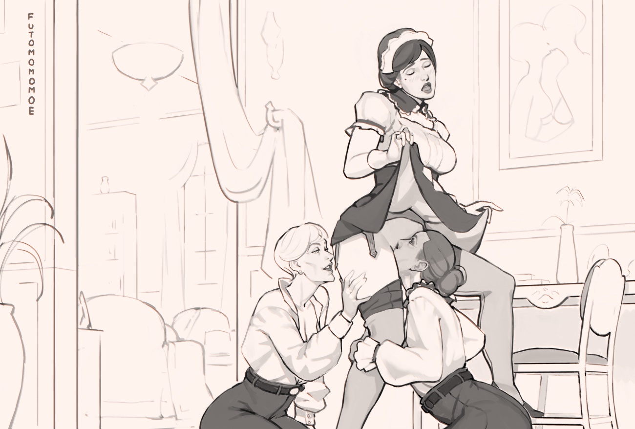 3girls, age difference, blue plate special, cunnilingus, doublelingus, eyes closed, female, futomomomoe, gloves, hairbun, lesbian, licking ass, lifting leg, lifting skirt, maid, maid headdress, maid uniform, mole, mole under eye, monochrome, older female, orgasm, pleasure face, stockings, tagme, thick thighs, thighhighs, threesome, younger female, yuri