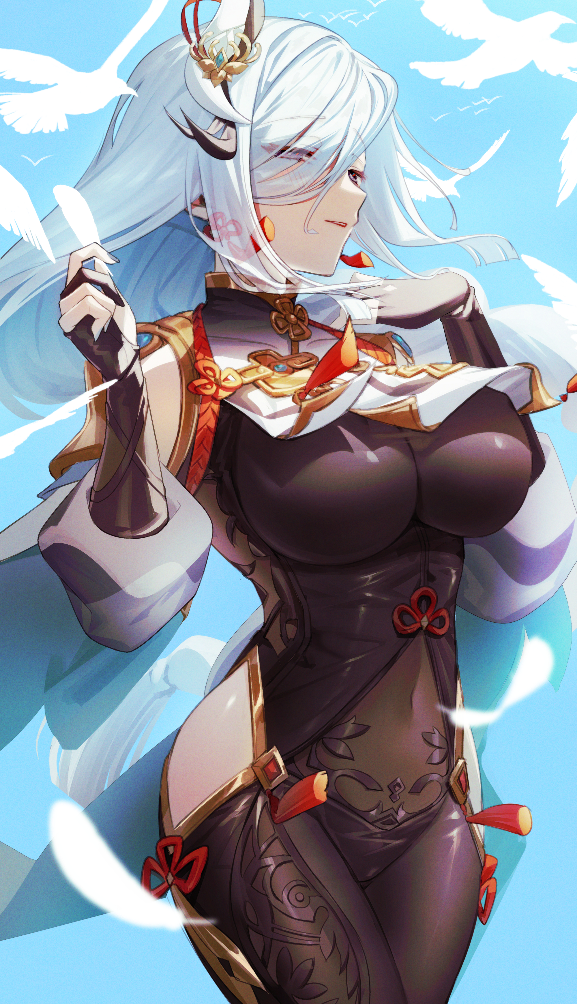 1girls, abs, absurd res, big breasts, bird, blue background, blue eyes, blush, bodysuit, braid, braided hair, breasts, clothing, dega1028, detailed background, female, fully clothed, genshin impact, hair ornament, hair over one eye, hi res, highres, hips, huge breasts, large breasts, long hair, looking away, ribbon, see-through, shenhe (genshin impact), shirt lift, solo, thick thighs, thighs, tight clothing, white hair, wide hips