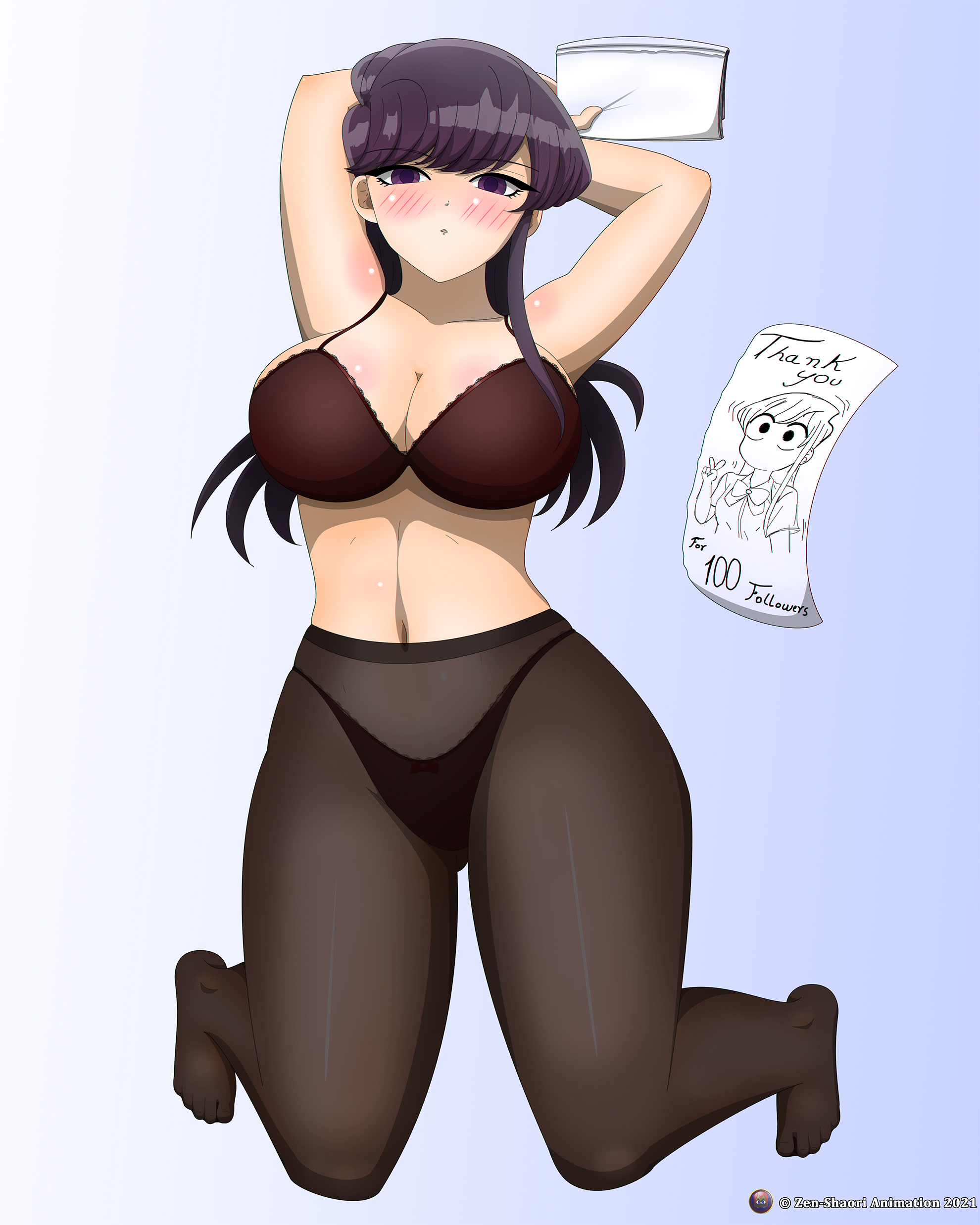 1girls, abs, absurd res, arms behind head, bangs, bent knees, big breasts, black bra, black panties, blush, bra, breasts, cleavage, collarbone, feet, female, hi res, highres, hips, huge breasts, jumping, komi shouko, komi-san wa komyushou desu, large breasts, lingerie, long hair, looking at viewer, midriff, no shoes, panties, pantyhose, plain background, purple eyes, purple hair, shiny skin, simple background, solo, thong, toes, underwear, wide hips, zenshaori