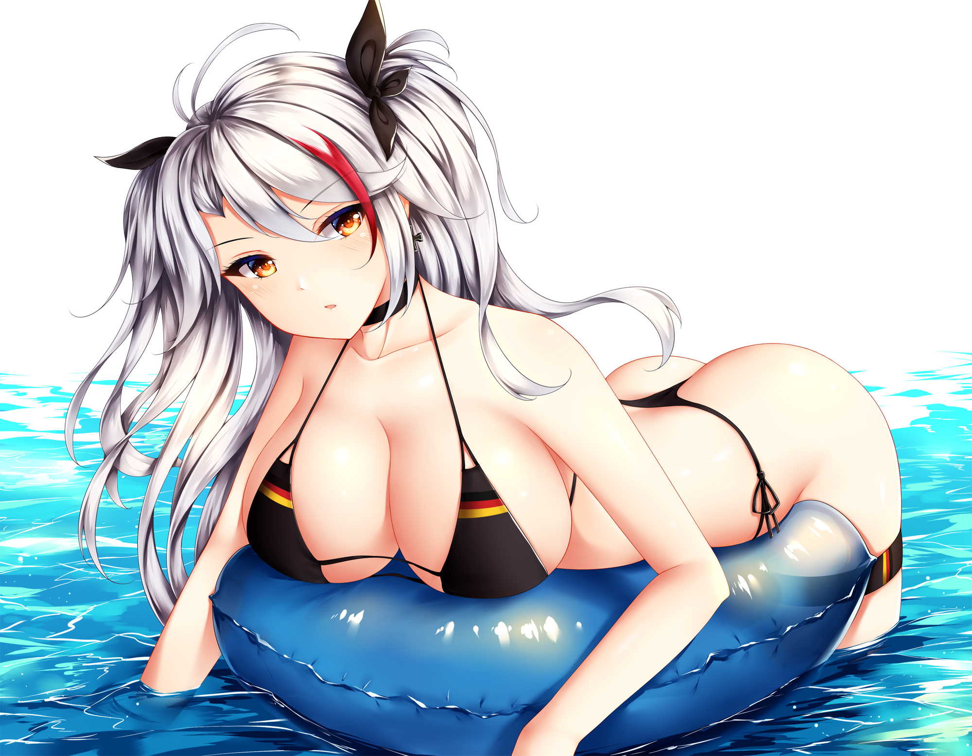 1girls, 2018, antenna hair, ass, azur lane, bangs, bikini, black bikini, blush, breasts, brown eyes, choker, cleavage, collarbone, cross, cross earrings, day, earrings, eyebrows visible through hair, female, flag print, floating, german flag bikini, hair between eyes, head tilt, highres, innertube, iron cross, jewelry, large breasts, long hair, looking at viewer, mole, mole on breast, multicolored hair, outdoors, panties, partially submerged, prinz eugen (azur lane), red hair, side-tie panties, silver hair, solo, streaked hair, swimsuit, two side up, underwear, very long hair, wsman
