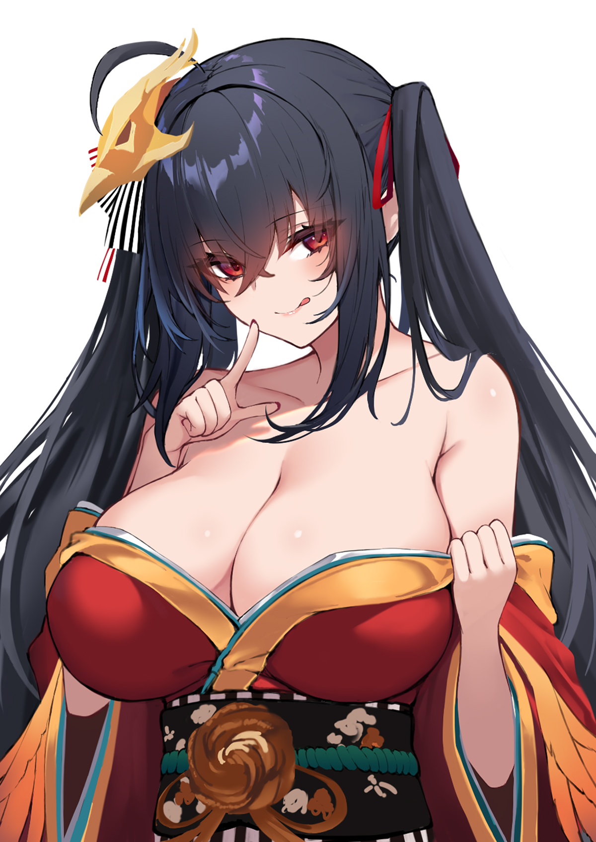 :p, 1girls, azur lane, bangs, bare shoulders, big breasts, black hair, breasts, cleavage, eyebrows visible through hair, female, female focus, hair ornament, highres, japanese clothes, kimono, large breasts, licking lips, looking at viewer, nakatama kyou, naughty face, oppai, partially undressed, pointing, pointing at viewer, red eyes, seductive smile, shiny, shiny hair, smile, solo, taihou (azur lane), tongue, tongue out, twintails, undressing, upper body, white background