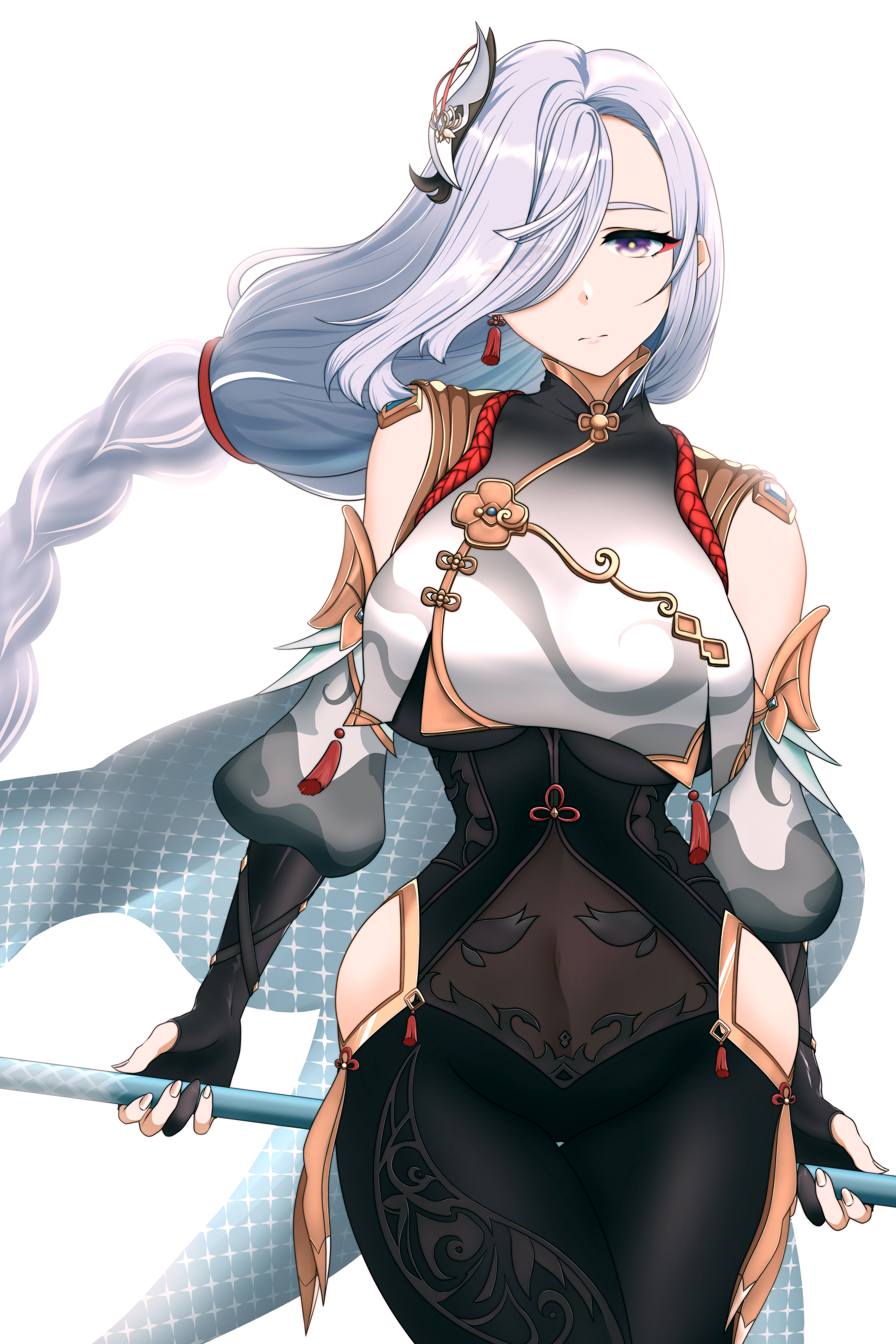 1girls, absurd res, belly, belly button, big breasts, black legwear, bodysuit, braid, breasts, clothing, female, genshin impact, hair between eyes, hair ornament, hair over one eye, hi res, highres, hips, huge breasts, large breasts, long hair, looking at viewer, purple eyes, rein (artist), see-through, shenhe (genshin impact), simple background, solo, thick thighs, thighs, weapon, white background, white hair, wide hips