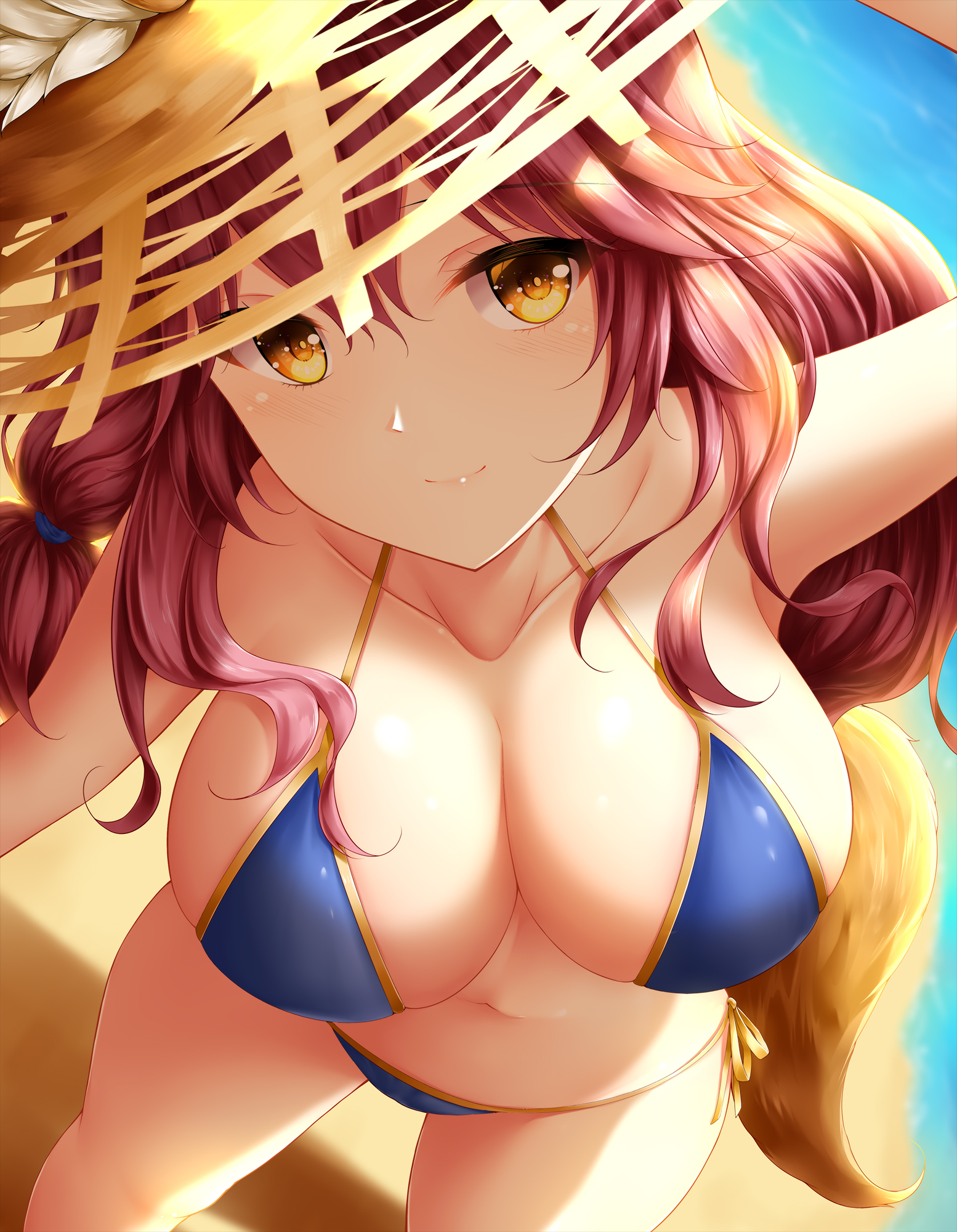 1girls, animal ears, bikini, blue bikini, breasts, cleavage, close-up, collarbone, ears through headwear, fate (series), fate/grand order, female, female only, fox ears, groin, hat, highres, large breasts, looking at viewer, looking down, navel, ocean, oerba yun fang, open mouth, pink hair, side-tie bikini, solo, straw hat, sun hat, swimsuit, tamamo no mae (fate), tamamo no mae (swimsuit lancer), umbrella, wsman, yellow eyes
