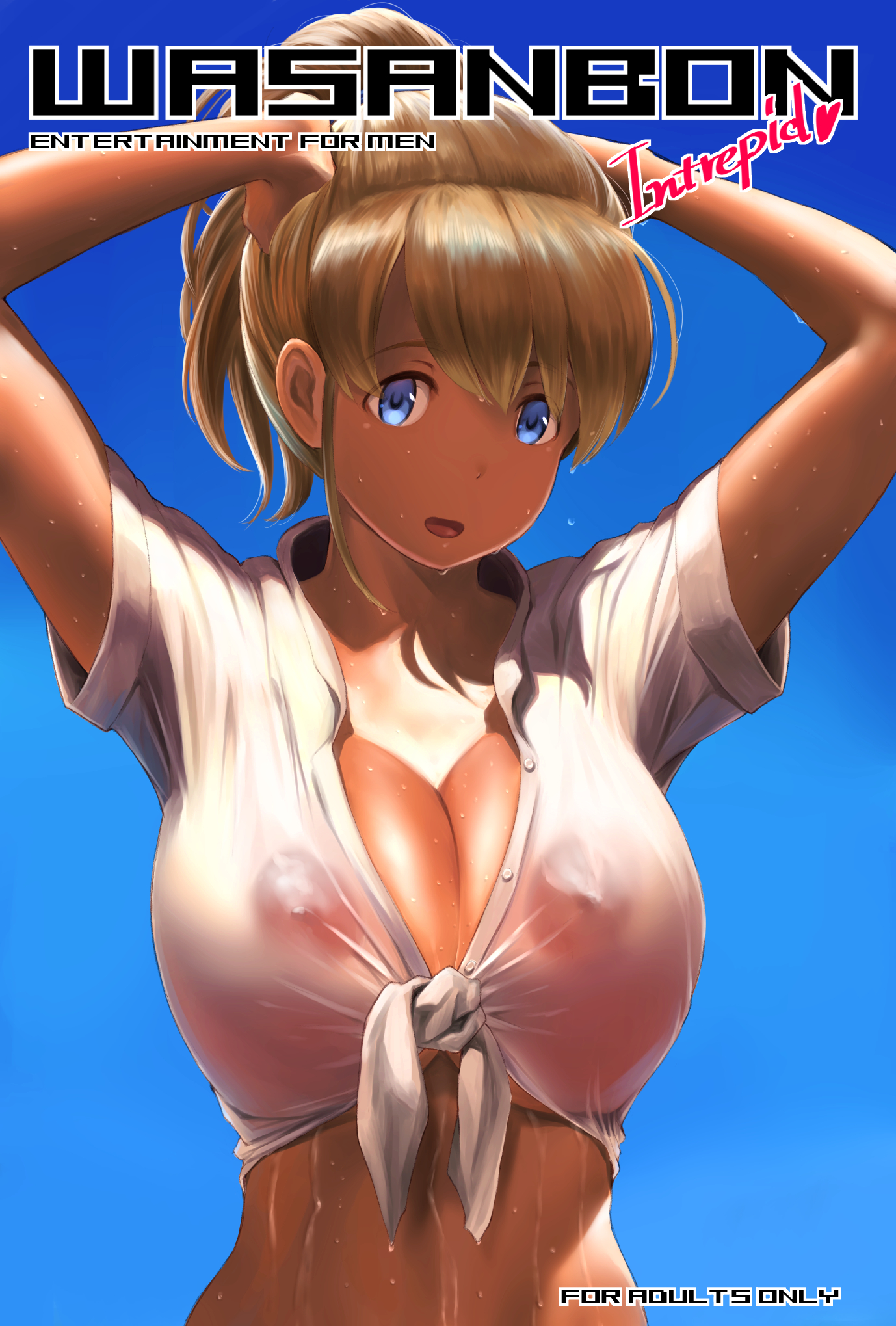 arms up, big breasts, blue background, blue eyes, breasts, cleavage, female, hands on head, intrepid (kantai collection), kantai collection, light brown hair, looking at viewer, nipples visible through clothing, no bra, ponytail, see-through clothing, short sleeves, solo, tan skin, text, tied shirt, upper body, wa (genryusui), wet, wet clothes, white shirt