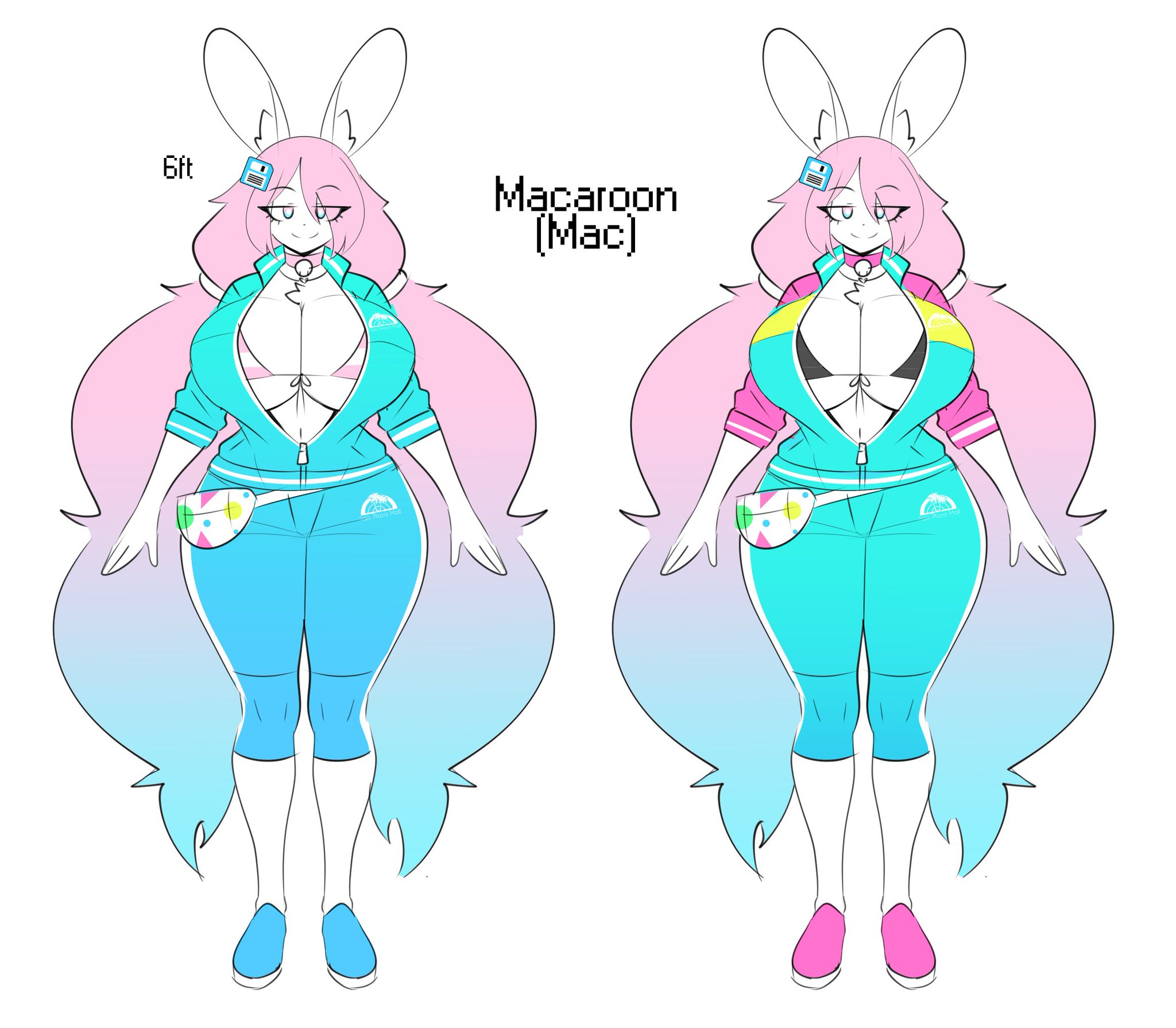 big breasts, blue hair, bra, breasts, clothing, female, furry, huge breasts, long hair, macaroon (theycallhimcake), pink eyes, pink hair, theycallhimcake, white background, white fur