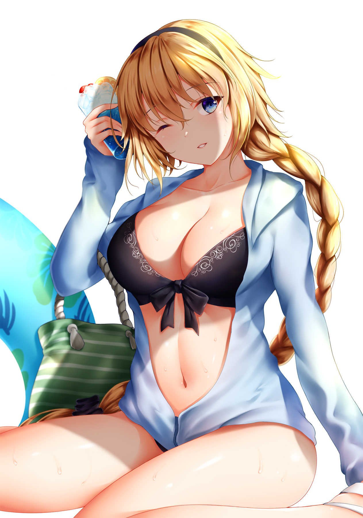 1girls, bag, bangs, bikini, black bikini, black bow, blonde hair, blue eyes, blue jacket, blush, bow, braid, breasts, cleavage, collarbone, cup, drink, fate (series), fate/grand order, female, food, fruit, hair between eyes, hairbow, headband, highres, hip focus, hood, hoodie, ice, ice cube, innertube, jacket, jeanne d'arc (fate), jeanne d'arc (swimsuit archer), large breasts, long braid, long hair, looking at viewer, navel, one eye closed, open clothes, open jacket, orange slice, shoulder bag, simple background, sitting, smile, solo, swimsuit, thighs, very long hair, white background, wsman