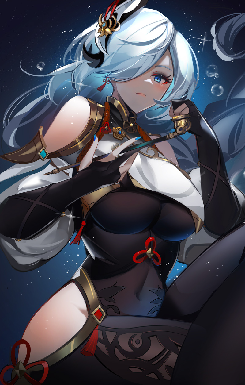 1girls, abs, absurd res, big breasts, blue eyes, blush, bodysuit, breasts, detailed background, female, genshin impact, hair ornament, hi res, highres, hips, huge breasts, kiseru, kuroha (rockluo213), large breasts, long hair, looking at viewer, looking down, midriff, see-through, see-through clothing, shenhe (genshin impact), smoking pipe, solo, thick thighs, thighs, underboob, white hair, wide hips