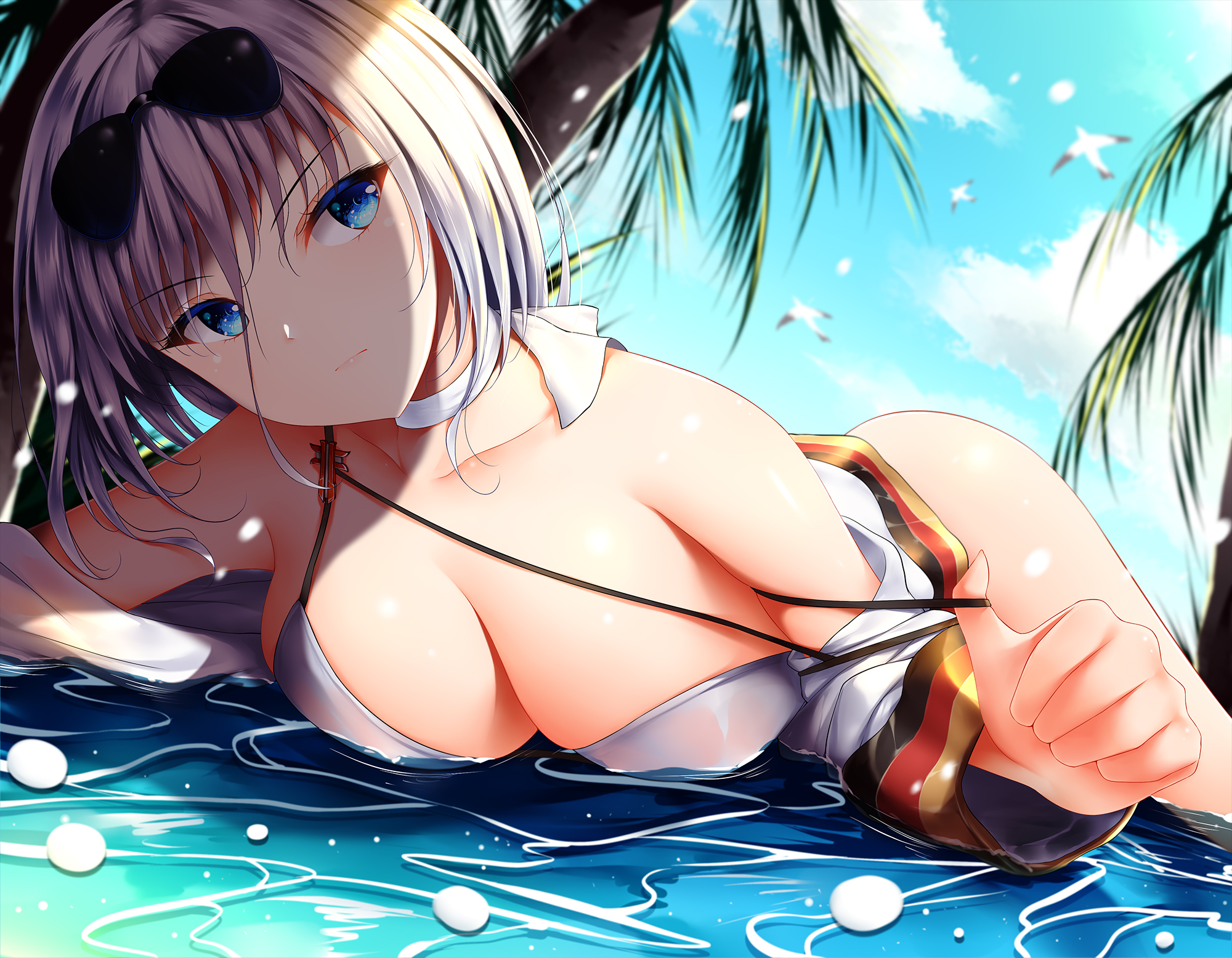 1girls, azur lane, bikini, bikini top, bird, blue eyes, blue sky, breasts, choker, cleavage, closed mouth, cloud, day, eyebrows visible through hair, eyewear on head, female, highres, looking to the side, lying, medium breasts, on stomach, ribbon, ribbon choker, short hair, silver hair, sky, solo, sunglasses, swimsuit, tirpitz (azur lane), water, white bikini, white choker, white ribbon, wsman