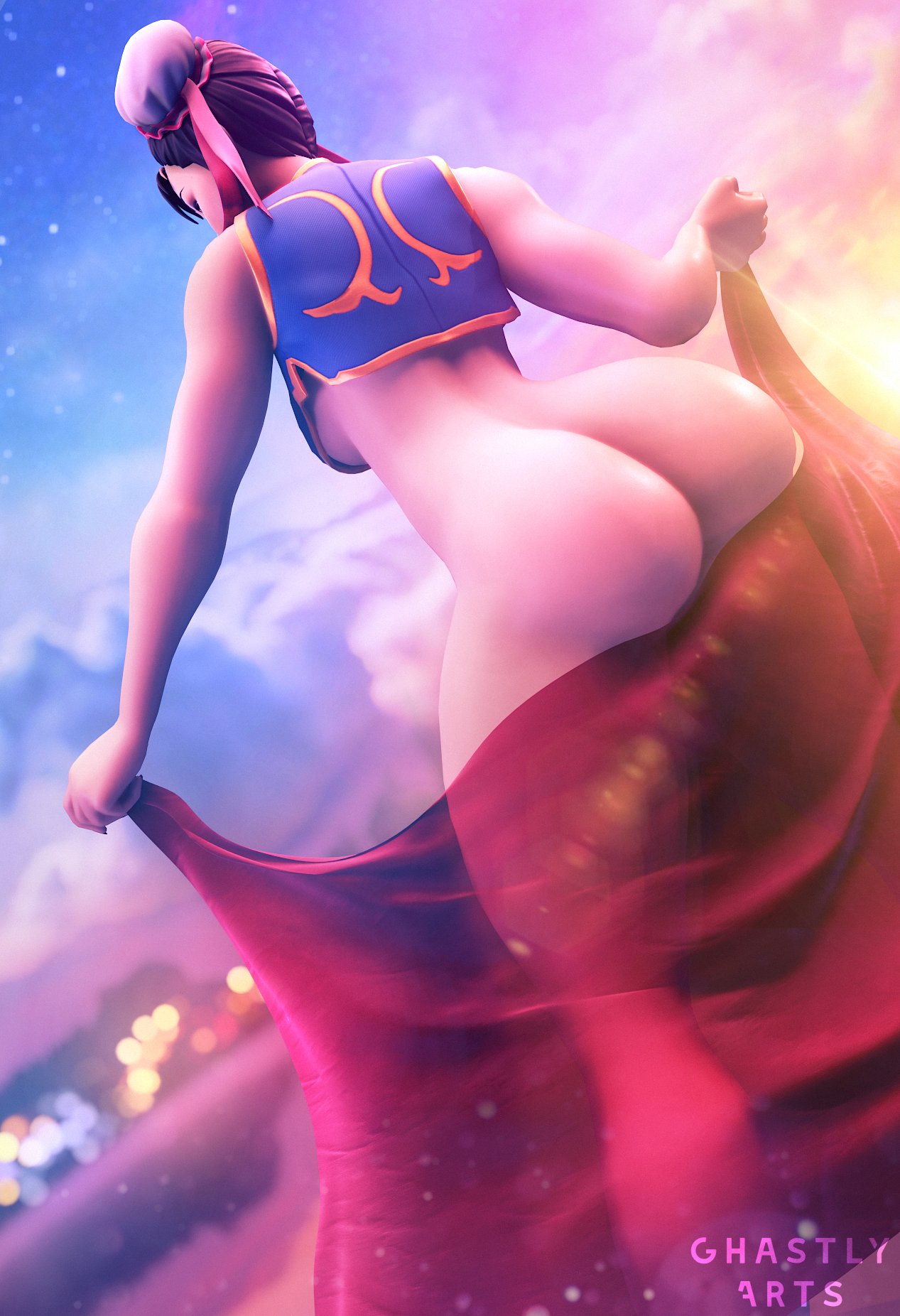 1girls 3d ass back_view big_ass big_butt blender bottomless butt capcom chun-li dat_ass female female_only ghastlyarts hair_bun hair_ornament no_panties solo street_fighter thick_thighs