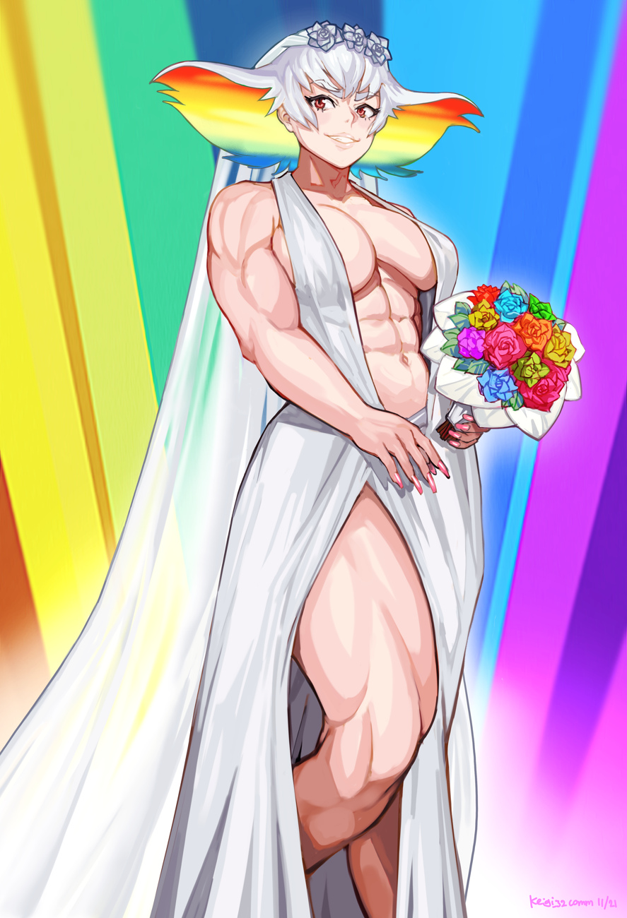 abs, bare shoulders, bouquet, breasts, dress, female, fingernails, flower, keigi (artist), kill la kill, kiryuuin ragyou, multicolored hair, muscles, muscular, muscular female, muscular thighs, navel, red eyes, smile, solo