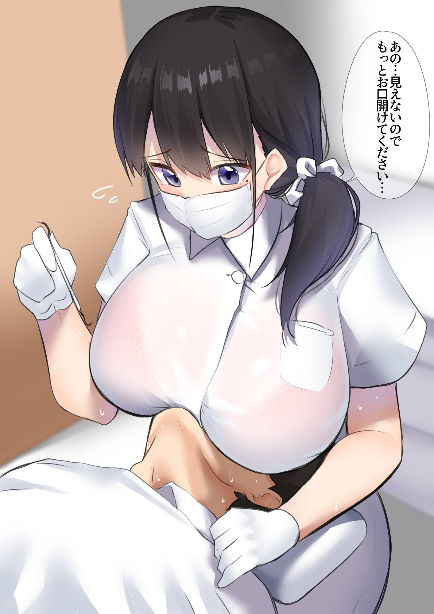 1boy, 1girls, apron, big breasts, blush, bra, breasts, clothed female, clothed male, dentist, face mask, female, fully clothed, fully clothed female, gloves, huge breasts, japanese text, kitajima yuuki, long hair, male, original, ponytail, red bra, short hair, sweat, text, translated, translucent clothing