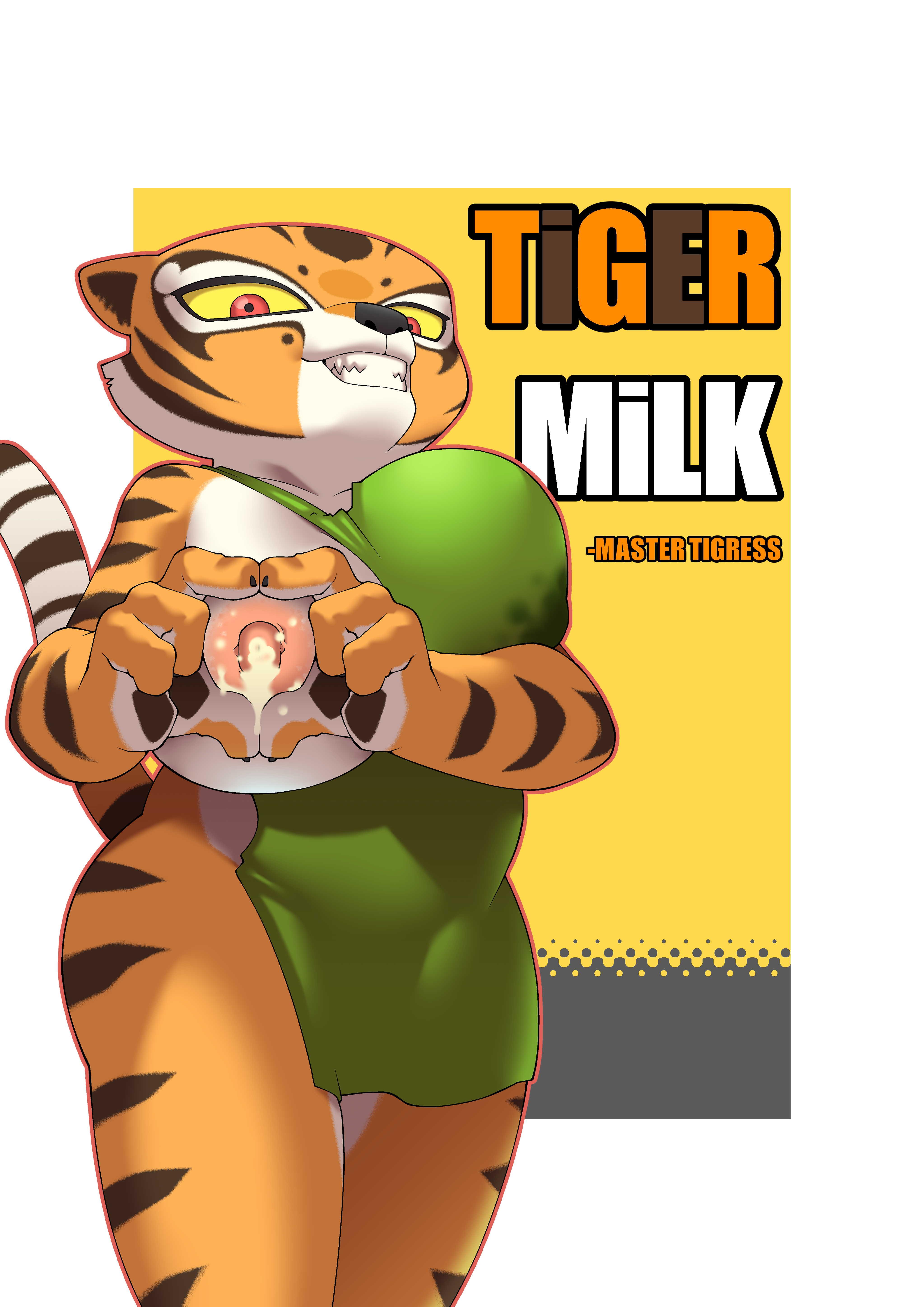 absurd res, anonymous artist, anthro, apron, apron only, big breasts, bodily fluids, breast milking, breasts, clothing, dreamworks, felid, female, furry, hi res, huge breasts, kung fu panda, lactating, looking at viewer, mammal, master tigress, milk, mostly nude, nipples, one breast out, pantherine, pregnant, pregnant female, smile, smiling at viewer, solo, tiger