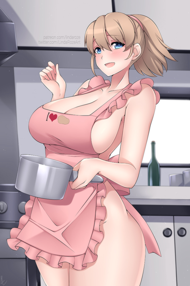 apron, big breasts, blue eyes, blush, breasts, brown hair, cleavage, cooking, female, female only, frilled apron, housewife, intrepid (kantai collection), kantai collection, kitchen, light brown hair, lindaroze, looking at viewer, naked apron, no bra, no panties, ponytail, solo, wide hips