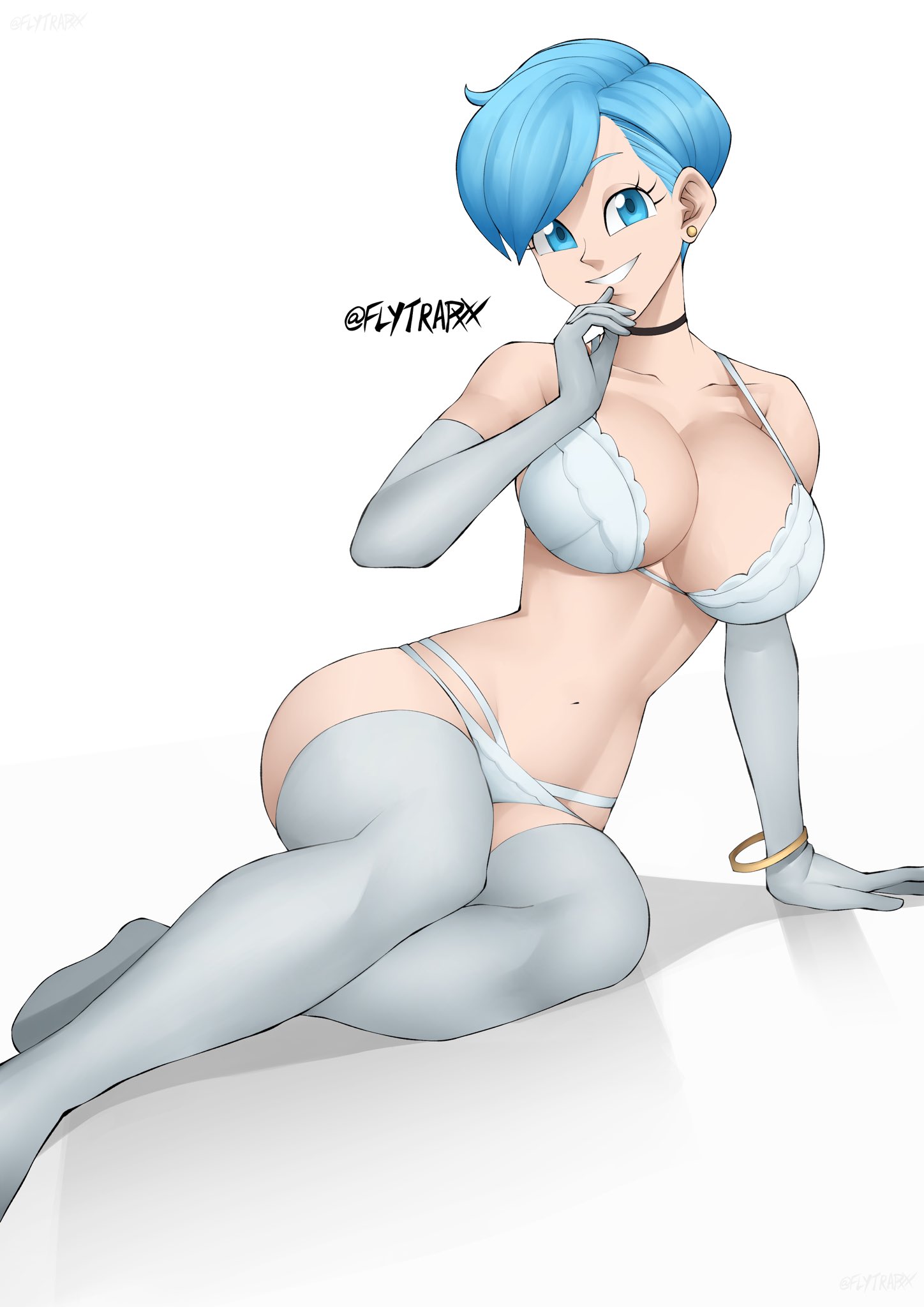 1girls, bikini, blue hair, bra, breasts, bulma briefs, cleavage, dragon ball, dragon ball z, elbow gloves, eye contact, female, female only, flytrapxx, gloves, lingerie, looking at viewer, panties, short hair, solo, thick thighs, thighhighs, thighs