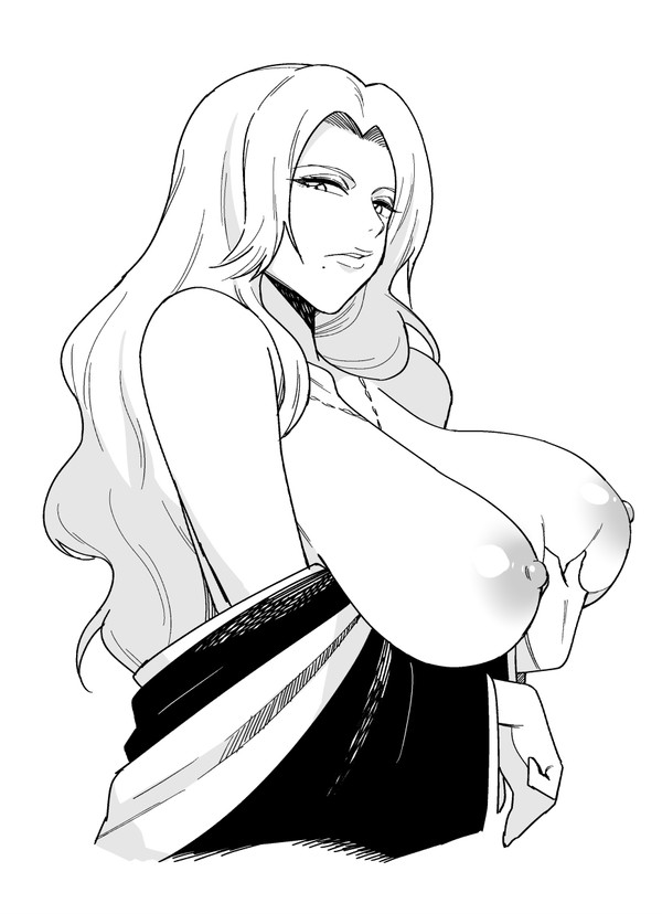 big_breasts bleach breast_grab breasts cropped_torso female female_only grabbing_own_breast huge_breasts kimono kimono_pull large_breasts looking_at_viewer matsumoto_rangiku mole mole_under_mouth monochrome necklace no_bra presenting presenting_breasts side_view sideboob solo solo_focus tesu upper_body voluptuous