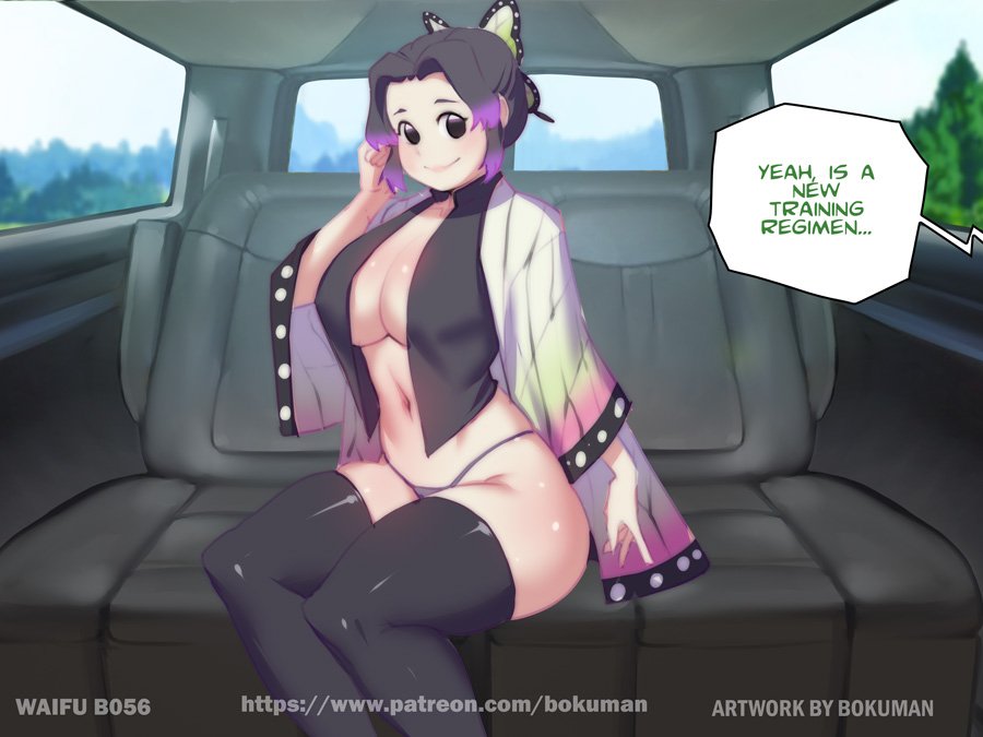 1girls, alternate costume, ass, big ass, big breasts, black hair, black legwear, black thighhighs, bokuman, breasts, butterfly hair ornament, car, car interior, casting couch, cleavage, demon slayer, english text, fake taxi, female, female only, gradient hair, haori, kimetsu no yaiba, kochou shinobu, looking at viewer, no bra, no pants, open shirt, purple hair, purple-haired female, smile, solo, speech bubble, thick thighs, thighhighs, thong, two-tone hair, zettai ryouiki
