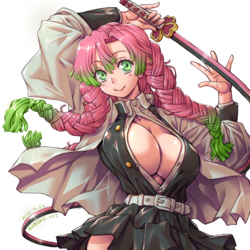 amania_orz arms_up bangs big_breasts blush braided_hair cleavage clothing demon_slayer female female_only green_eyes haori kanroji_mitsuri kimetsu_no_yaiba long_hair long_sleeves looking_at_viewer mole_under_eye no_bra open_shirt pink_hair pleated_skirt revealing_clothes smile solo sword two_tone_hair unbuttoned_shirt uniform