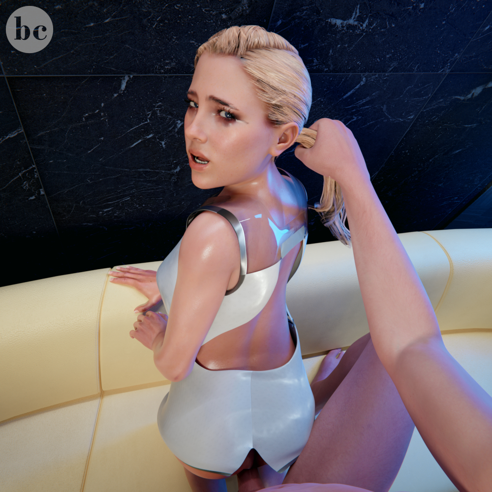 1boy, 1girls, 3d, android, badclap, blonde female, blonde hair, blue eyes, chloe (detroit: become human), detroit: become human, eye contact, faceless male, female, female focus, from behind, holding hair, looking at viewer, looking back, male, ponytail, ponytail hold, pov, runny makeup, sex, skirt lift, solo focus, straight