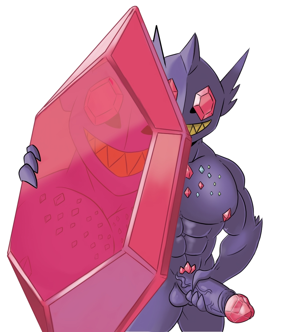 1boy 2021 abs balls bara big_muscles brigh_(artist) crystal erection gem genitals glans grin holding_gem holding_object holding_penis humanoid_genitalia humanoid_penis looking_at_viewer male male_only mega_evolution mega_sableye muscular muscular_male nintendo nipples nude ofstrial penis pokémon_(species) pokemon purple_balls purple_body purple_penis purple_skin red_eyes red_glans sharp_teeth simple_background smile solo standing teeth vein veiny_penis video_games white_background