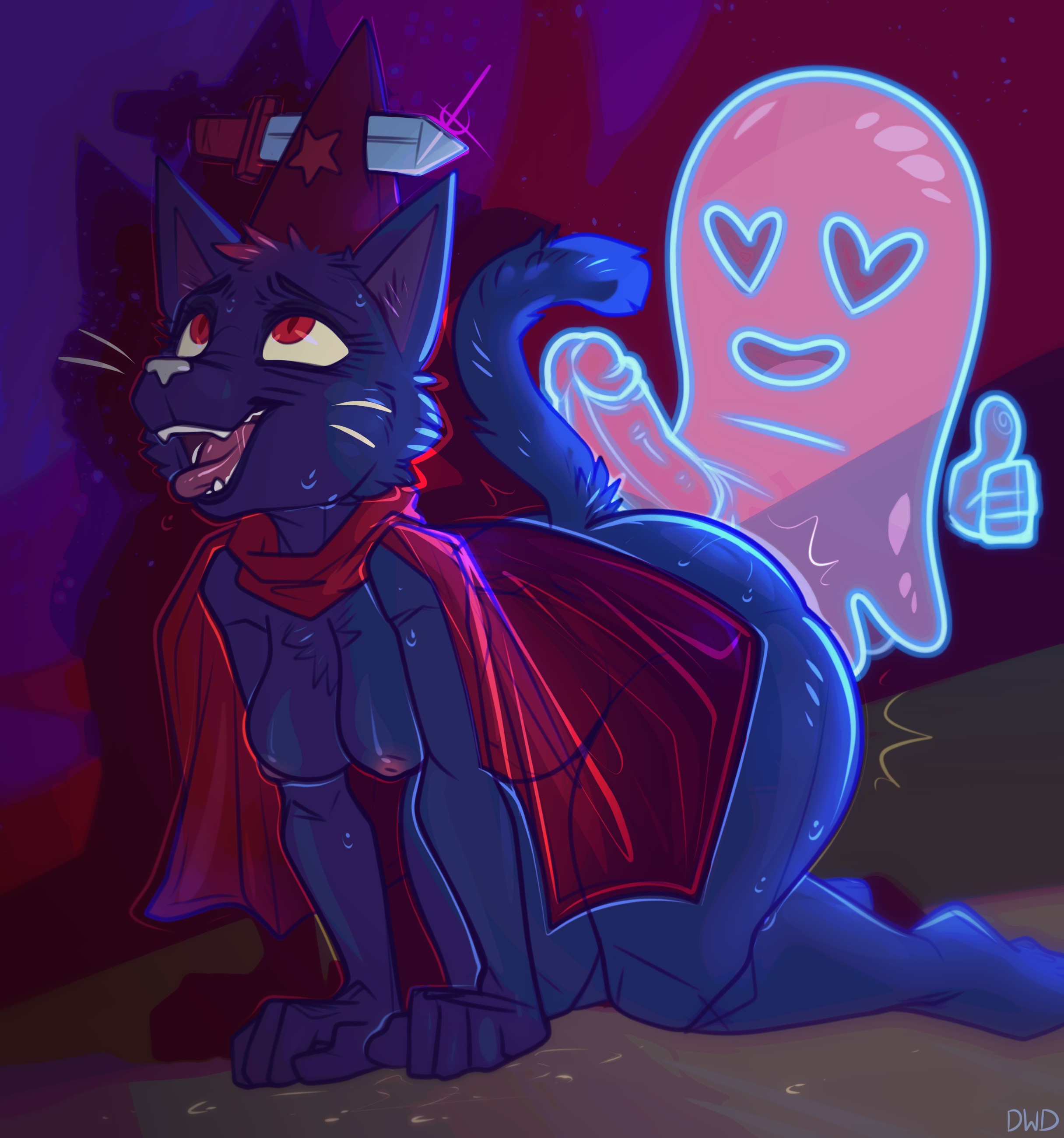 <3 eyes, absurd res, all fours, anthro, ass, blue body, blue fur, breasts, cape, chest tuft, clothing, dimwitdog, domestic cat, fangs, felid, feline, felis, female, fur, genitals, gesture, ghost, heart, hi res, hot dogging, mae borowski, male, male/female, mammal, night in the woods, nipples, open mouth, penis, red eyes, spirit, thumbs up, tongue, tongue out, tuft, video games