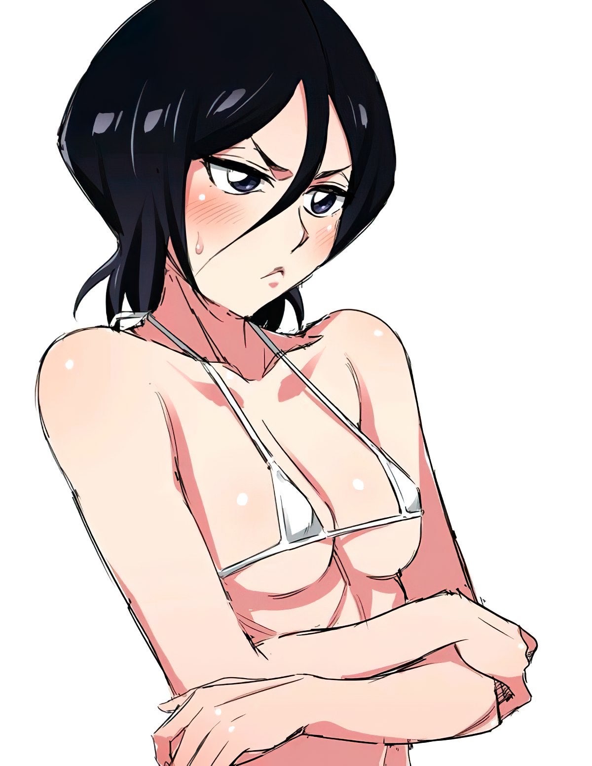 1girls, angry, bare shoulders, bikini, black hair, bleach, blush, breasts, clavicle, collarbone, crossed arms, female, female only, kuchiki rukia, light skin, light-skinned female, long hair, petite, purple eyes, revealing swimsuit, shiny hair, shiny skin, shoulder length hair, skindentation, small bikini, solo, solo focus, sweat, swimsuit, tesu
