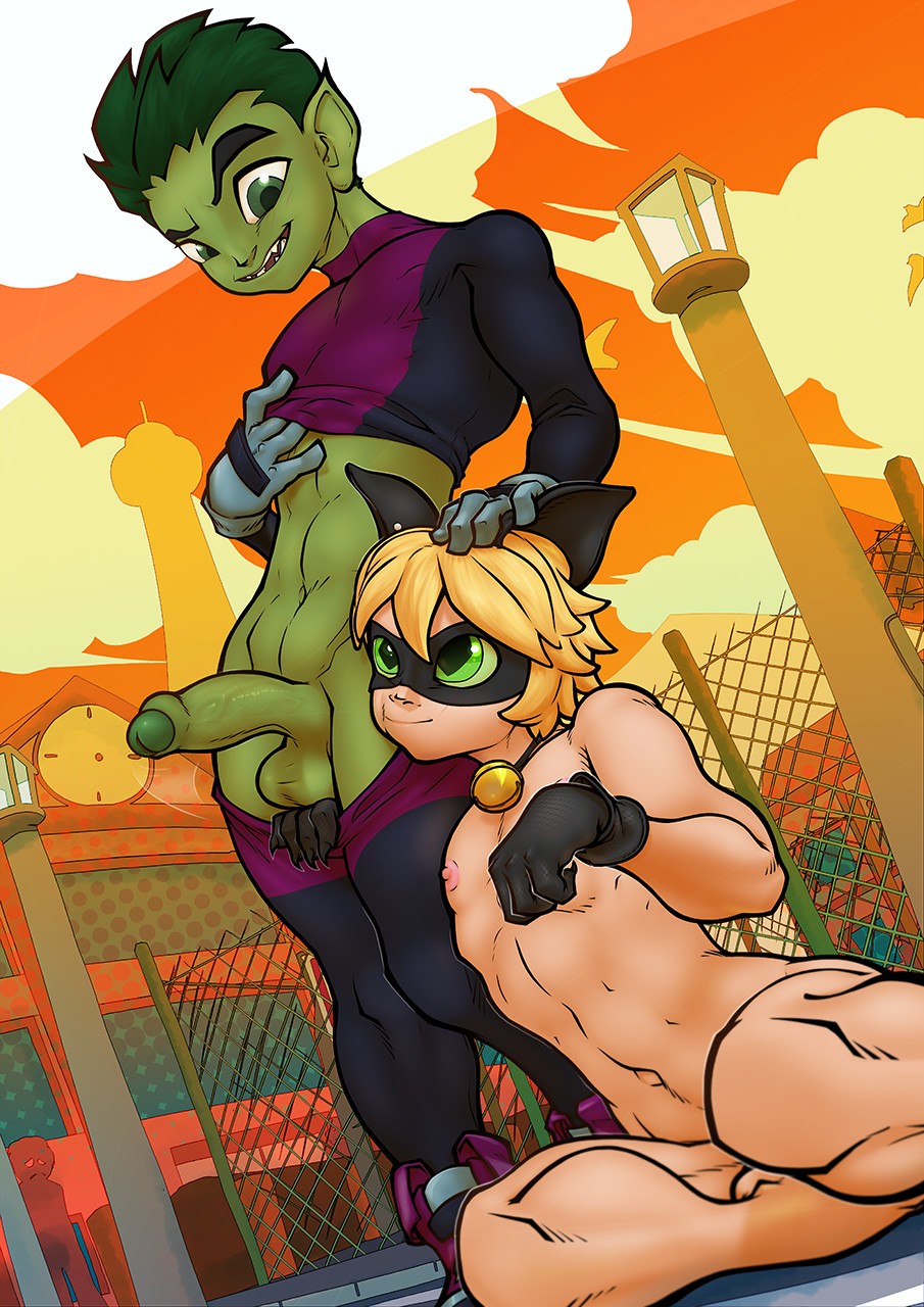 2boys, adrien agreste, beast boy, boner, cat ears, cat noir, clothed male nude male, dc, dc comics, domino mask, erection, femboy, foreskin, gay, green eyes, green hair, green skin, hand on head, male, male only, male/male, miraculous ladybug, nude, partially clothed, partially retracted foreskin, penis, retracted foreskin, superhero, superhero costume, teen titans, uncircumcised, uncut, vonboche, yaoi, yellow hair