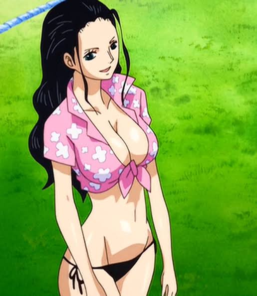 1girls, big breasts, bikini, bikini bottom, black hair, black-haired female, blue eyes, breasts, cleavage, curvy body, curvy female, curvy figure, curvy hips, female, female focus, female only, hourglass figure, inner sideboob, long hair, nico robin, one piece, purple shirt, screencap, string bikini, string panties, tied shirt, white skin