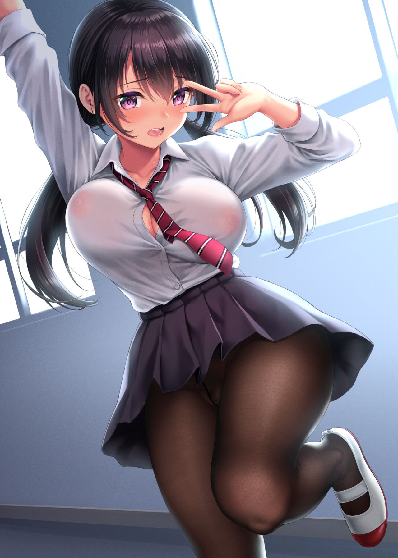 1girls, areolae, big breasts, black hair, breasts, female, kase daiki, legwear, long hair, nipples, nipples visible through clothing, no bra, no panties, open clothes, open mouth, pantyhose, pink eyes, pussy, school uniform, see-through, shoes, skirt, tied hair, twintails, uwabaki, white shirt, window