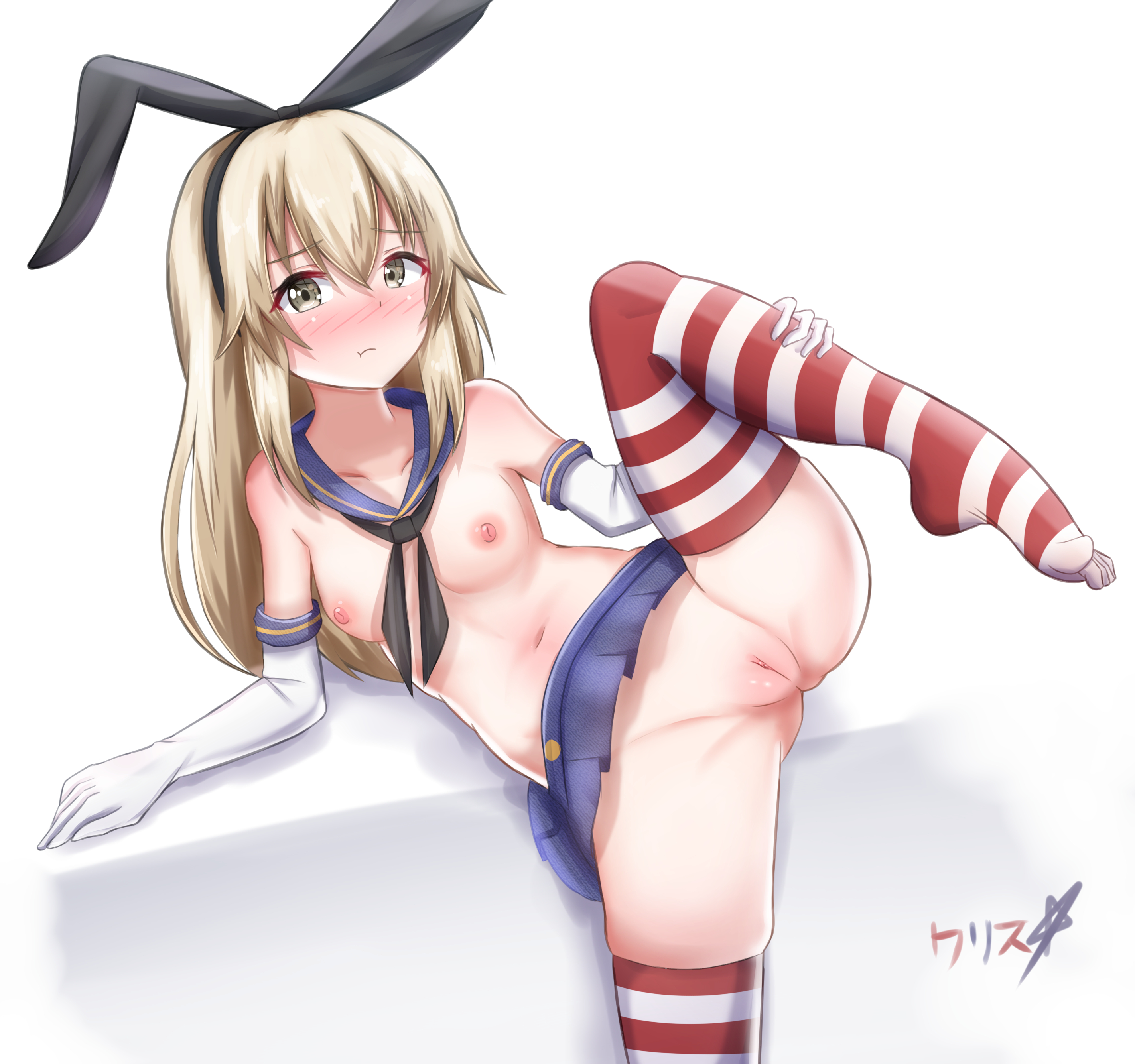 1girls, armwear, artist signature, blonde hair, blush, boppin, breasts, female, hairband, highres, kantai collection, leg glider position, long hair, one leg up, pout, shimakaze (kantai collection), skirt, small breasts, striped legwear, tagme, uncensored, yellow eyes