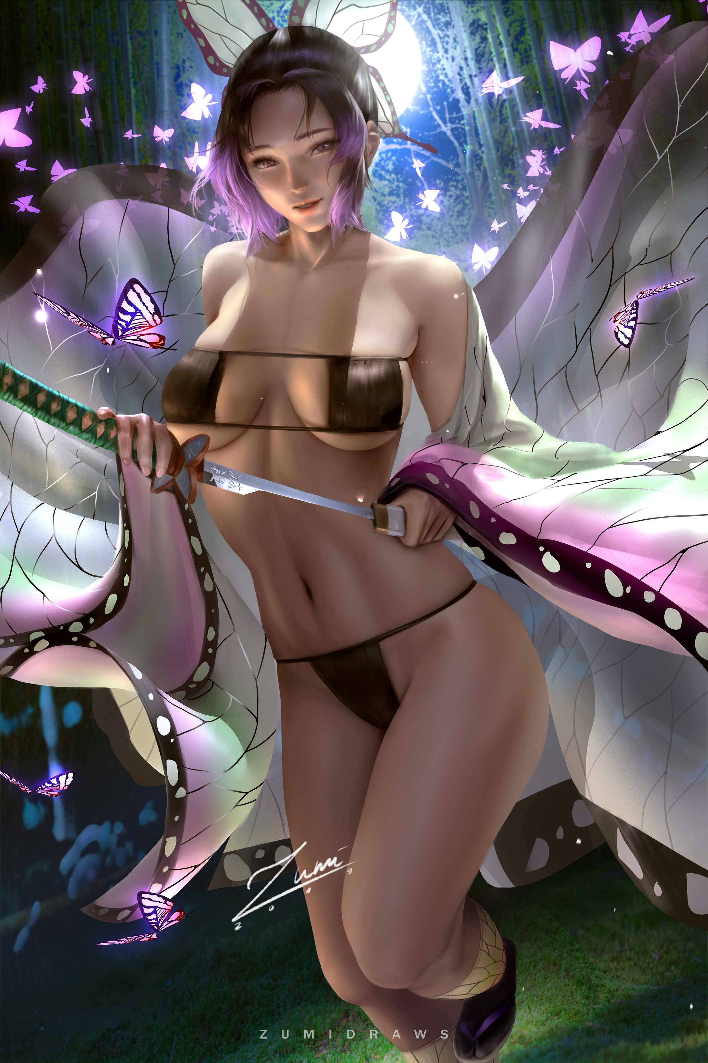 1girls, alternate version available, big breasts, bikini, black bikini, black hair, breasts, butterfly, butterfly hair ornament, demon slayer, eyepatch bikini, female, female only, gradient hair, haori, hi res, katana, kimetsu no yaiba, kochou shinobu, looking at viewer, moon, night, outside, purple eyes, purple hair, purple-haired female, realistic, solo, swimsuit, sword, two-tone hair, underboob, zumi