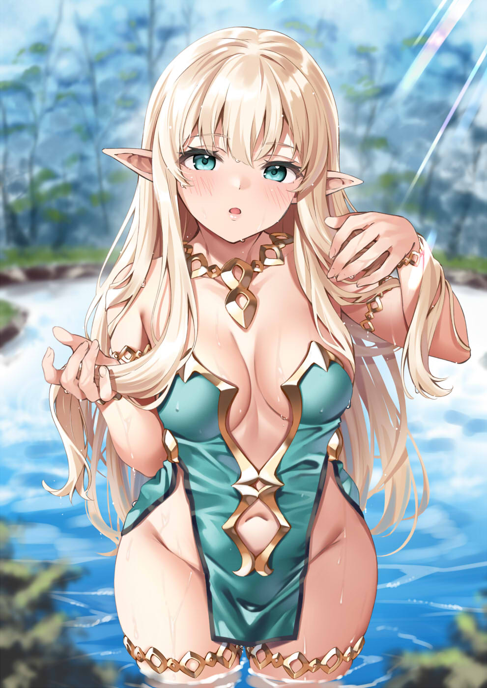 aqua eyes, bare shoulders, blonde hair, blush, breasts, cleavage, ebifurya, elf, female, highres, jewelry, large breasts, long hair, looking at viewer, navel, necklace, no panties, open mouth, original, pelvic curtain, pointy ears, pond, standing, sunlight, water, wet
