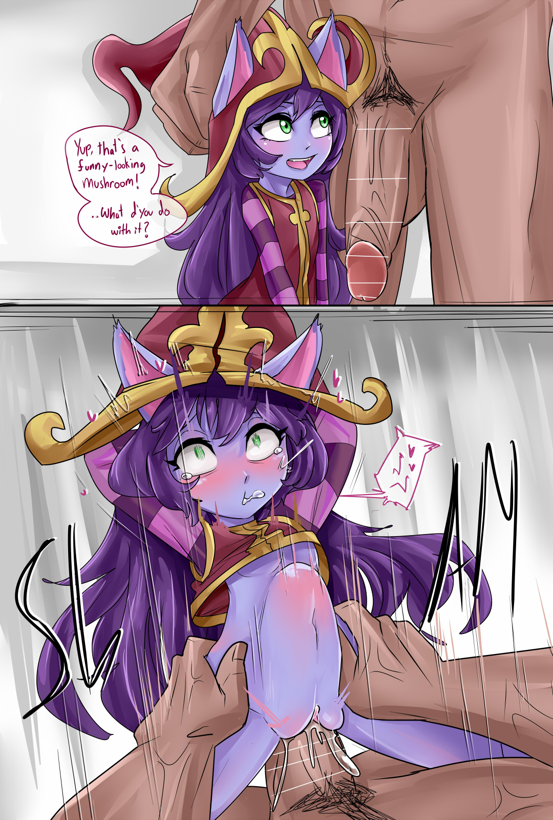 1boy, 1girls, abdominal bulge, ahe gao, big dom small sub, cock sleeve, english text, female, geks, huge cock, human, human on humanoid, human penetrating, humanoid, instant loss 2koma, interspecies, larger male, league of legends, long hair, lulu the fae sorceress, male, male human/female humanoid, male/female, oblivious, penis, purple hair, purple skin, rape, shortstack, size difference, smaller female, stomach bulge, text, yordle