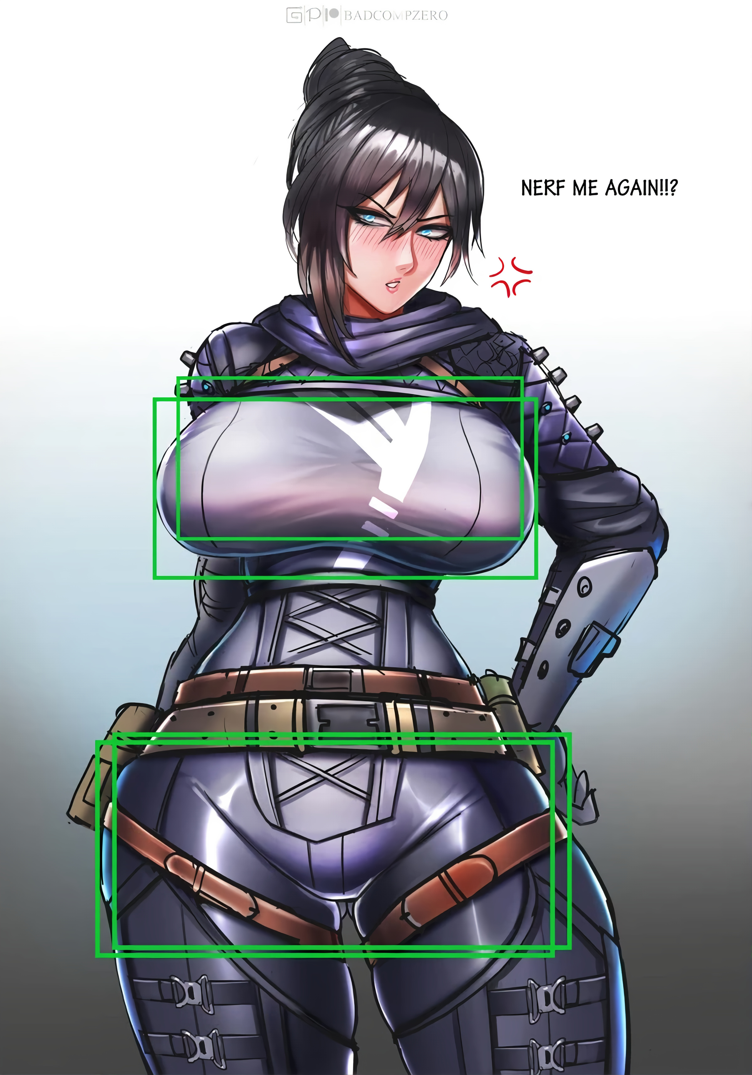 1girls, 2d, angry face, apex legends, ass, ass expansion, badcompzero, big ass, big breasts, big butt, blush, blushing, blushing at viewer, body transformation, breast expansion, breast growth, breast growth (enlargement), breasts, female, figure transformation, growth, hourglass figure, simple background, stretched clothing, tight clothes, tight clothing, transformation, wraith (apex legends)