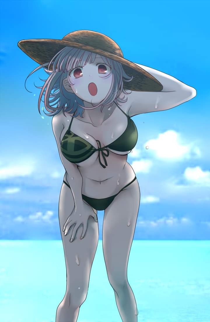 1girls artist_request beach beach_hat big_breasts danganronpa danganronpa_2:_goodbye_despair danganronpa_s:_ultimate_summer_camp green_swimsuit hand_on_leg hand_on_thigh looking_at_viewer nanami_chiaki open_mouth pink_hair red_eyes short_hair sole_female straight_hair swimsuit wet wet_body wet_skin