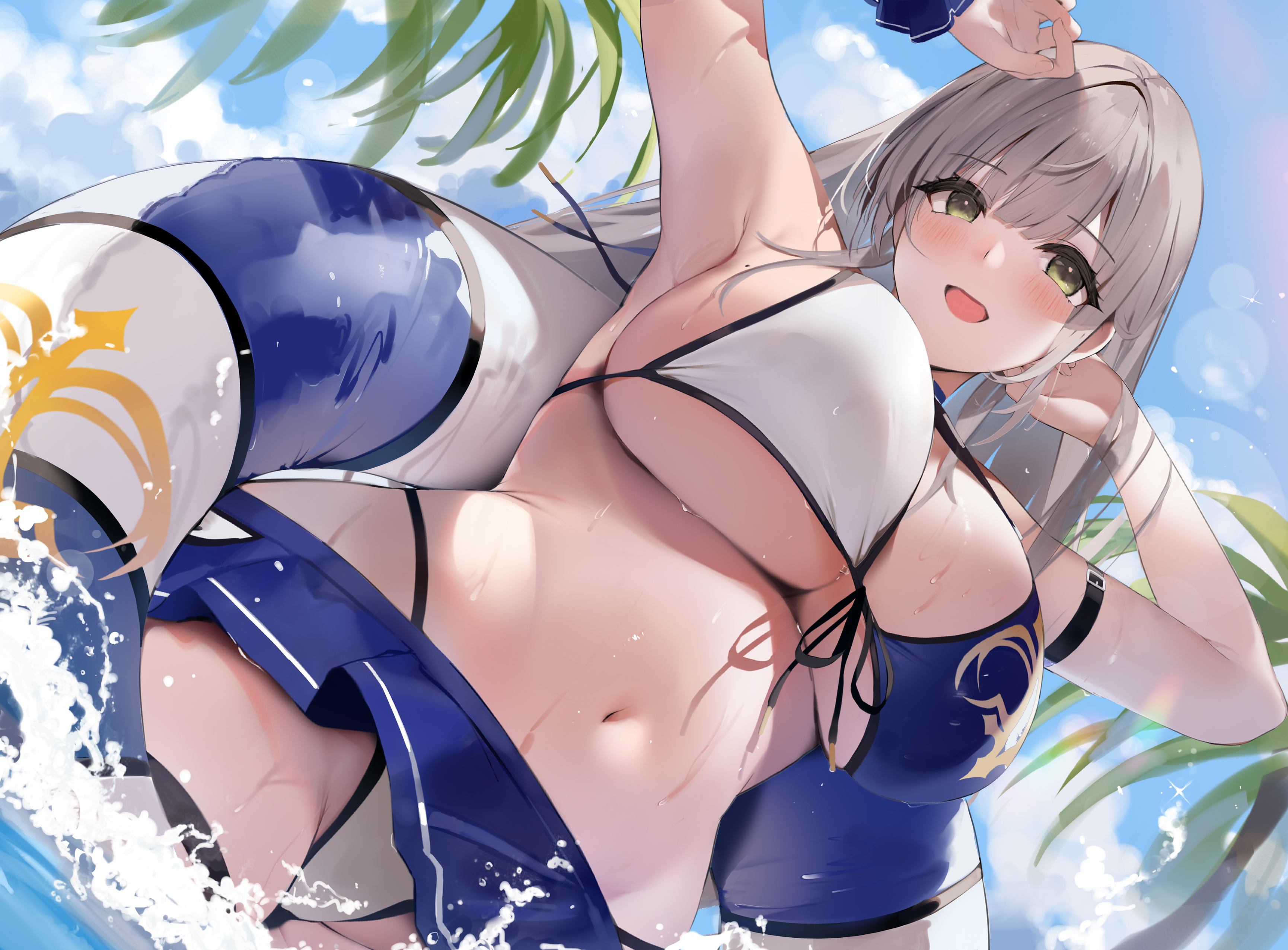 :d, 1girls, 2021, absurdres, alternate hair length, alternate hairstyle, arm up, armpits, bangs, bikini, bikini skirt, blue bikini, blue sky, blush, breasts, cloud, cowboy shot, day, dutch angle, eyebrows visible through hair, female, female focus, female only, from below, front-tie bikini, front-tie top, green eyes, groin, hand up, highleg, highleg bikini, highres, hololive, hololive fantasy, hololive japan, huge breasts, innertube, long hair, mole, mole on breast, navel, niii (memstapak), niiisan617, open mouth, outdoors, palm tree, shirogane noel, silver hair, sky, smile, solo, solo female, stomach, swimsuit, thong, thong above skirt, thong straps, tree, two-tone bikini, virtual youtuber, wading, water, white bikini, wrist cuffs