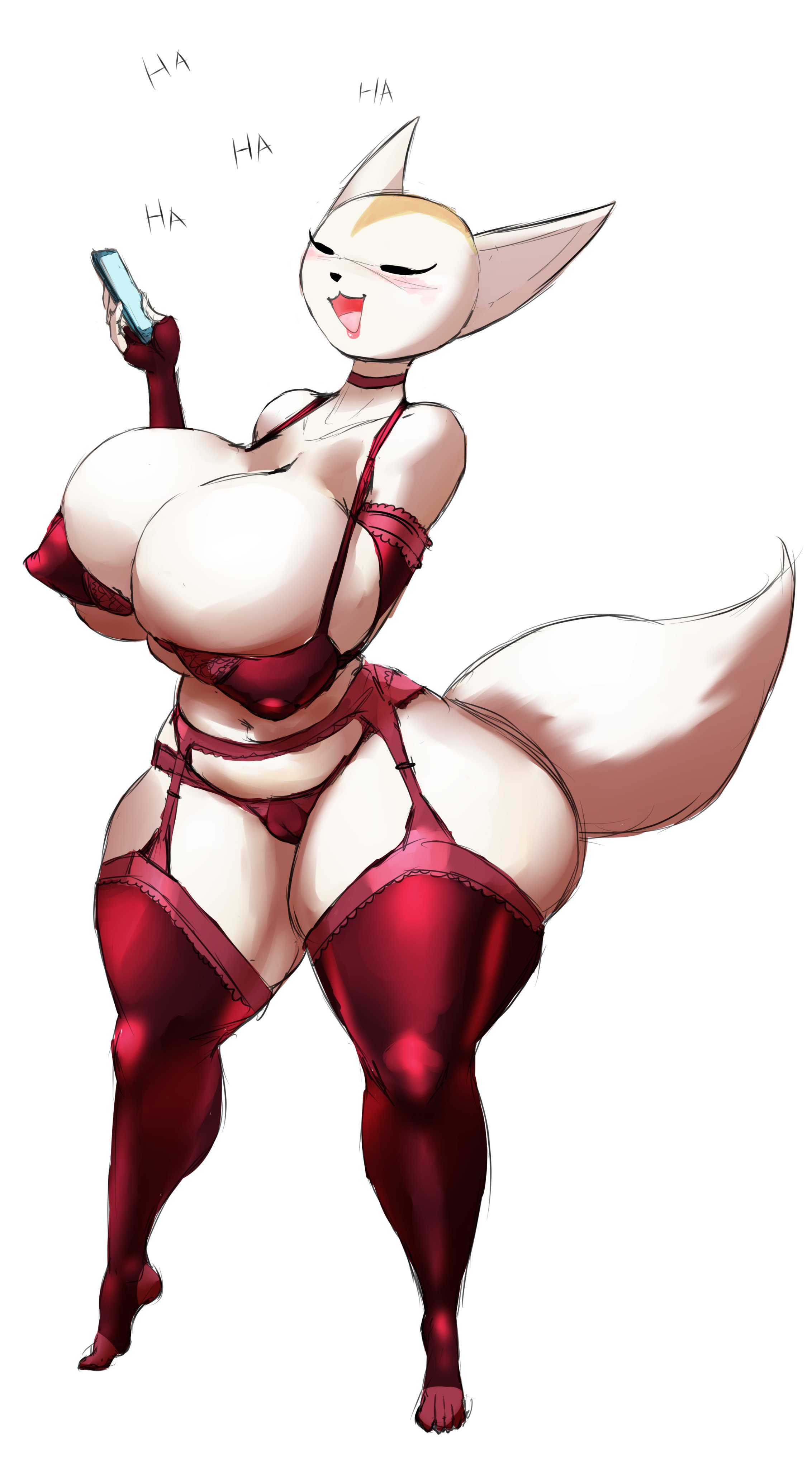 2019, absurd res, aggressive retsuko, anthro, big breasts, blush, breasts, camel toe, cameltoe, canid, canine, cellphone, erect nipples, female, fennec, fenneko, fox, gausscannon, hi res, holding cellphone, holding object, holding phone, holding smartphone, huge breasts, mammal, navel, nipple outline, nipples, open mouth, phone, pussy, sanrio, simple background, smartphone, solo, white background, wide hips