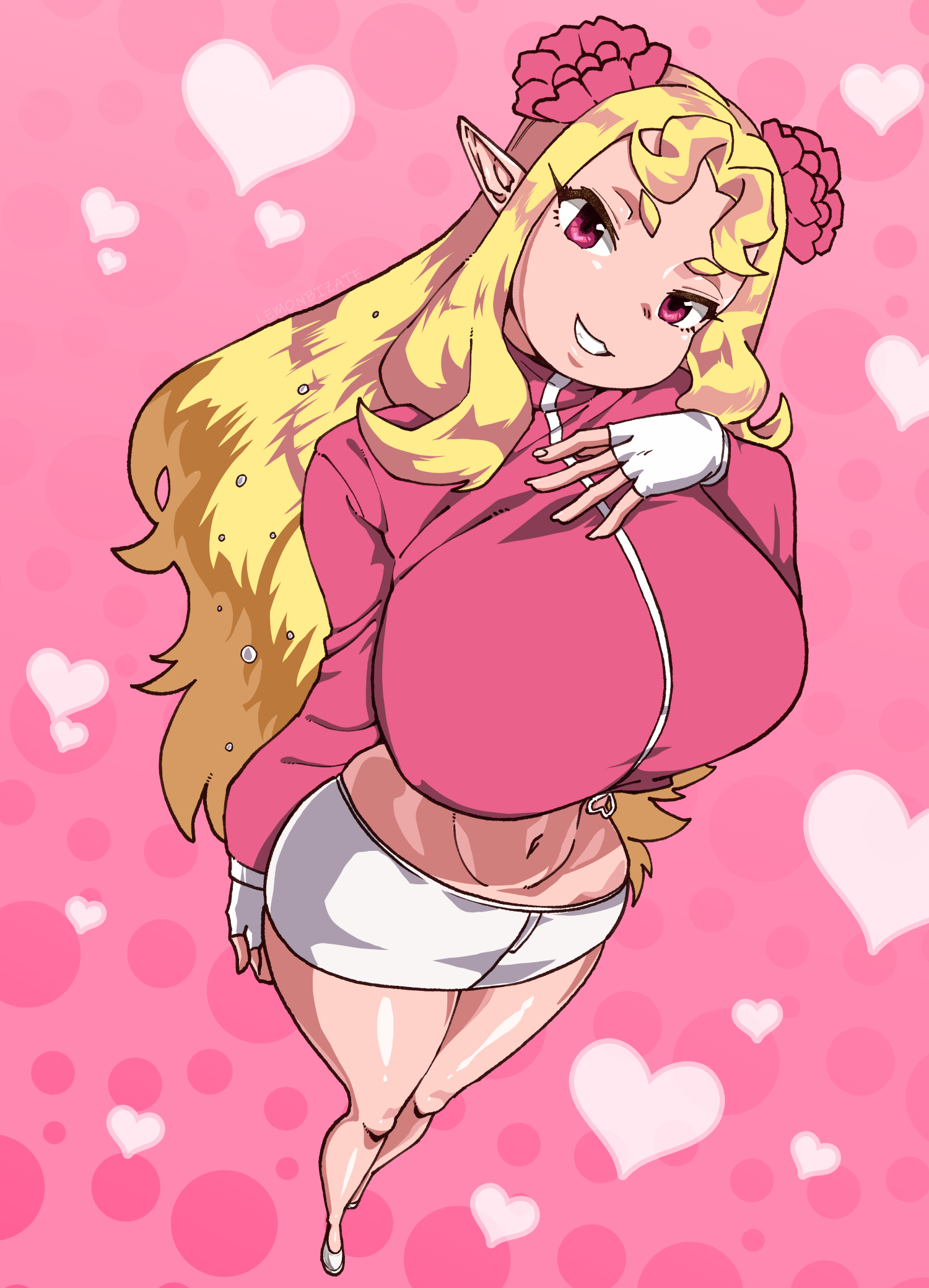 1girls, big breasts, blonde hair, breasts, eye contact, female, fnf mods, friday night funkin, huge breasts, large breasts, lemonbizate (artist), long hair, looking at viewer, pink skin, pointy ears, rosie (shiba chichi), skirt, solo, standing, thick thighs, thighs, wide hips