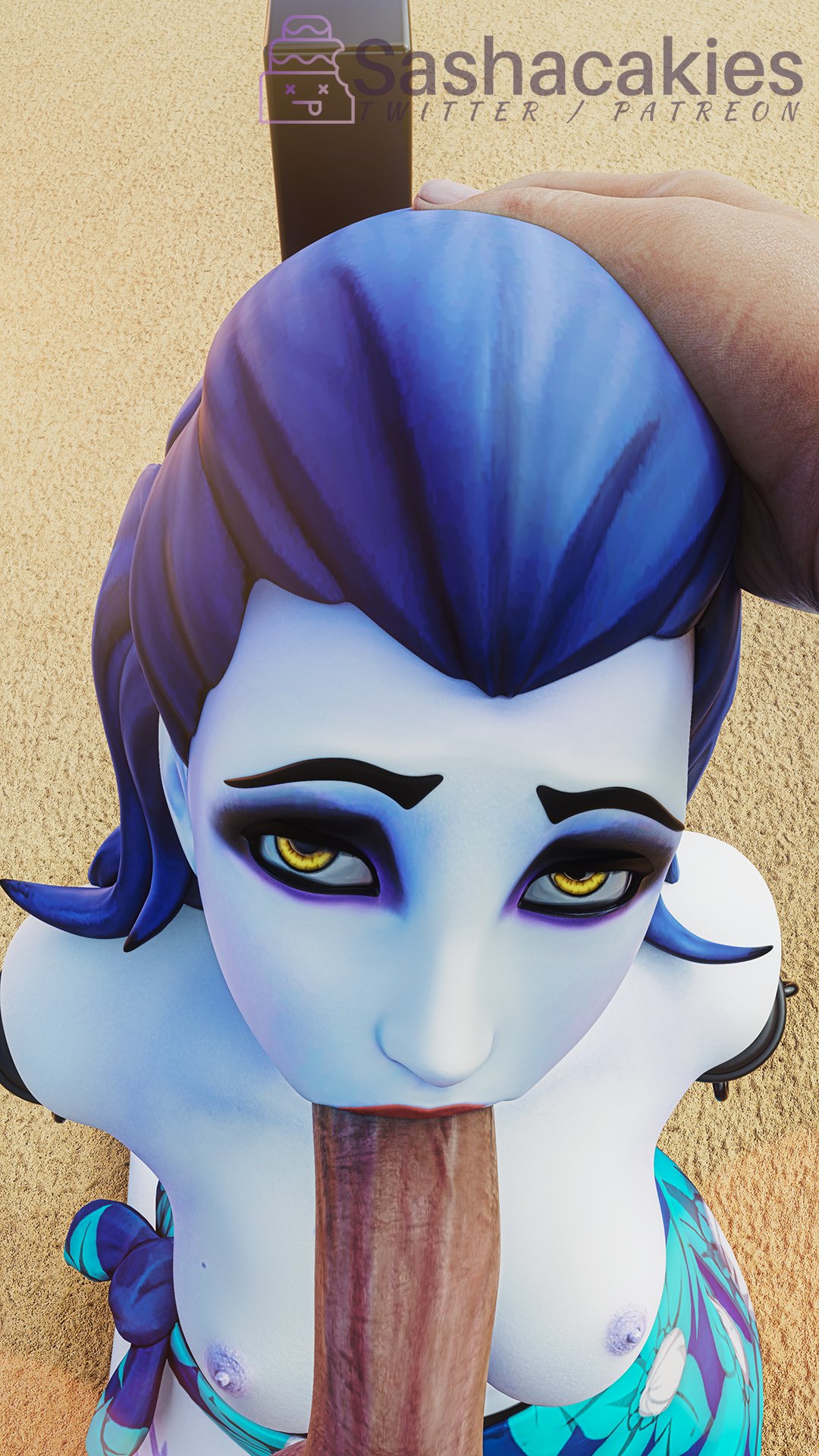 1boy, 1girls, 3d, alternate costume, areolae, beach, big penis, blender, blowjob, breasts, cote d'azur widowmaker, erection, fellatio, female, grabbing head, head grab, kneeling, looking at viewer, looking up, male, nipples, on knees, oral, overwatch, overwatch 2, penis, pov, sashacakies, straight, widowmaker
