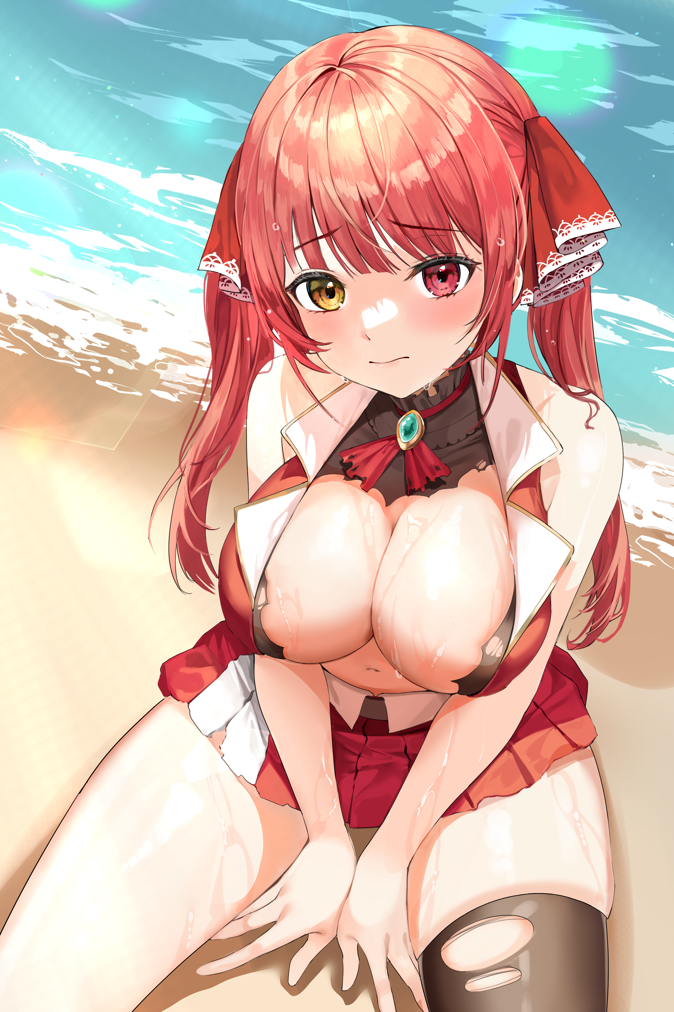 1girls, 2021, absurdres, bangs, bare arms, bare shoulders, beach, between legs, black legwear, blush, breasts, cleavage, closed mouth, cowboy shot, eyebrows visible through hair, female, female focus, female only, from above, hair ribbon, hand between legs, heterochromia, highres, hololive, hololive fantasy, hololive japan, houshou marine, jacket, large breasts, lillly, long hair, looking at viewer, navel, no bra, open clothes, open jacket, outdoors, pleated skirt, red eye, red hair, red jacket, red ribbon, red skirt, ribbon, seiza, single thighhigh, sitting, skirt, sleeveless, sleeveless jacket, solo, solo female, thighhighs, torn clothes, torn legwear, twintails, virtual youtuber, wet, wet body, wet skin, yellow eye