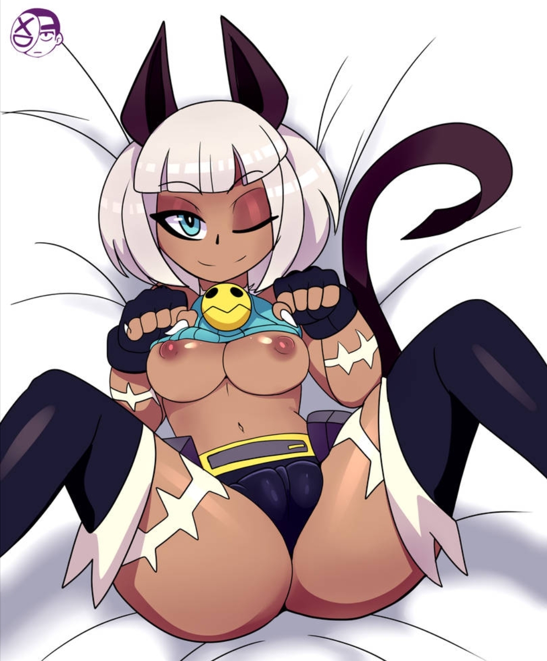 angeliccmadness, bed, bell collar, big breasts, blue eyes, breasts, breasts out, cat ears, cat girl, cat pose, cat tail, catgirl, collar, cute, dark skin, dark-skinned female, female, nadia fortune, on back, on bed, one eye closed, skullgirls, smile, spread legs, white hair, wink