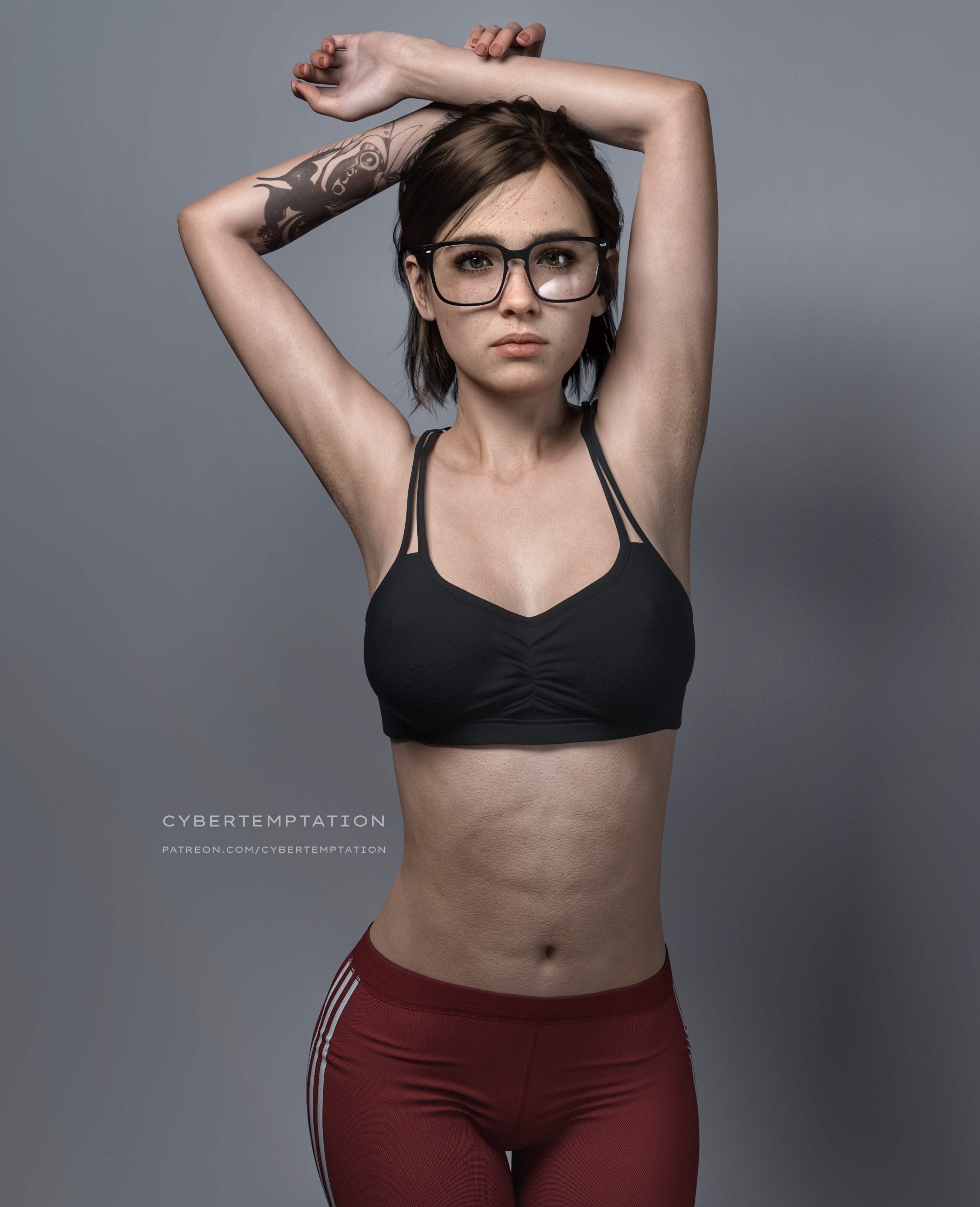 1girls, 3d, 3d (artwork), abs, absurd res, alternate breast size, arms above head, athletic, athletic female, bare midriff, belly, belly button, breasts, brown hair, cybertemptation, ellie (the last of us), ellie williams, female, female focus, female only, glasses, looking at viewer, medium breasts, midriff, naughty dog, short hair, solo, solo female, solo focus, sports bra, sportswear, tattoo, the last of us, the last of us 2, tight clothing, yoga pants