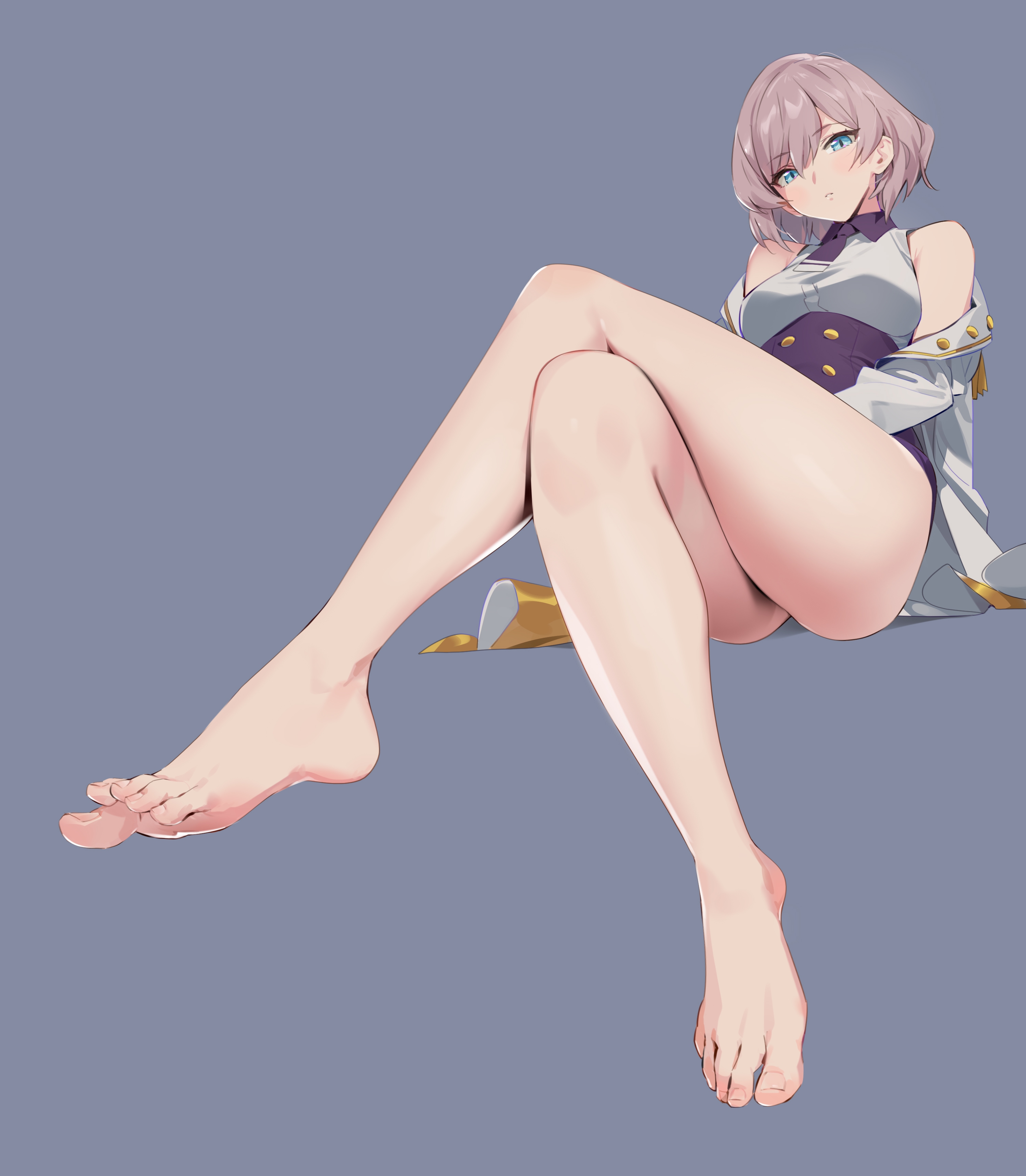 ass, bangs, bare shoulders, barefoot, blue eyes, breasts, buttons, coat, corset, feet, female, gridman universe, highres, labcoat, large breasts, legs crossed, leotard, light brown hair, looking at viewer, mujina, necktie, off shoulder, purple leotard, purple necktie, short shorts, shorts, sitting, solo, ssss.dynazenon, thighs, underbust, white coat, yd (orange maru)