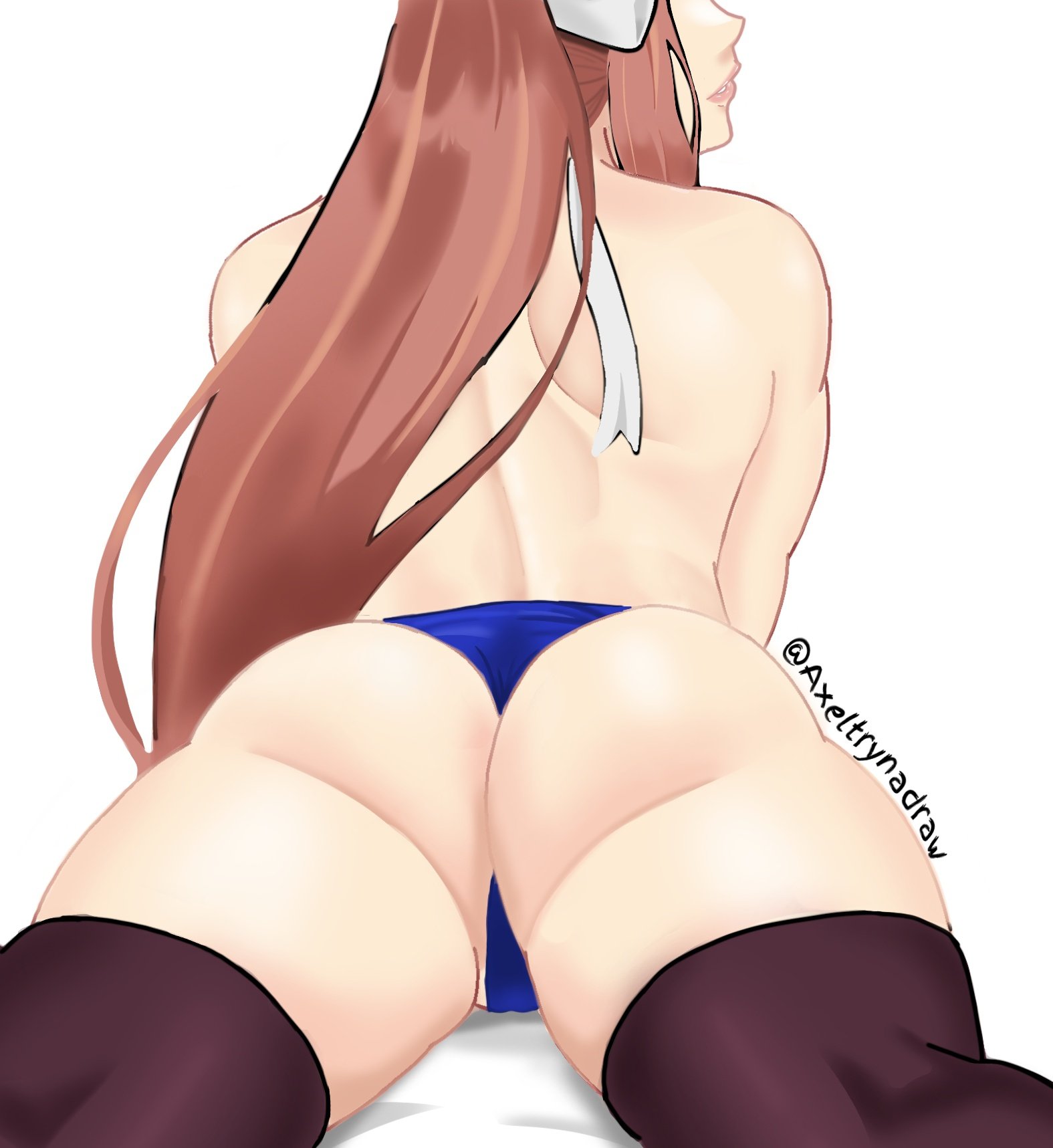 1girls, ass, axeltrynadraw, big ass, big butt, doki doki literature club, female, hair ribbon, long hair, monika (doki doki literature club), solo, thick thighs, thighhighs, thighs, topless, very long hair