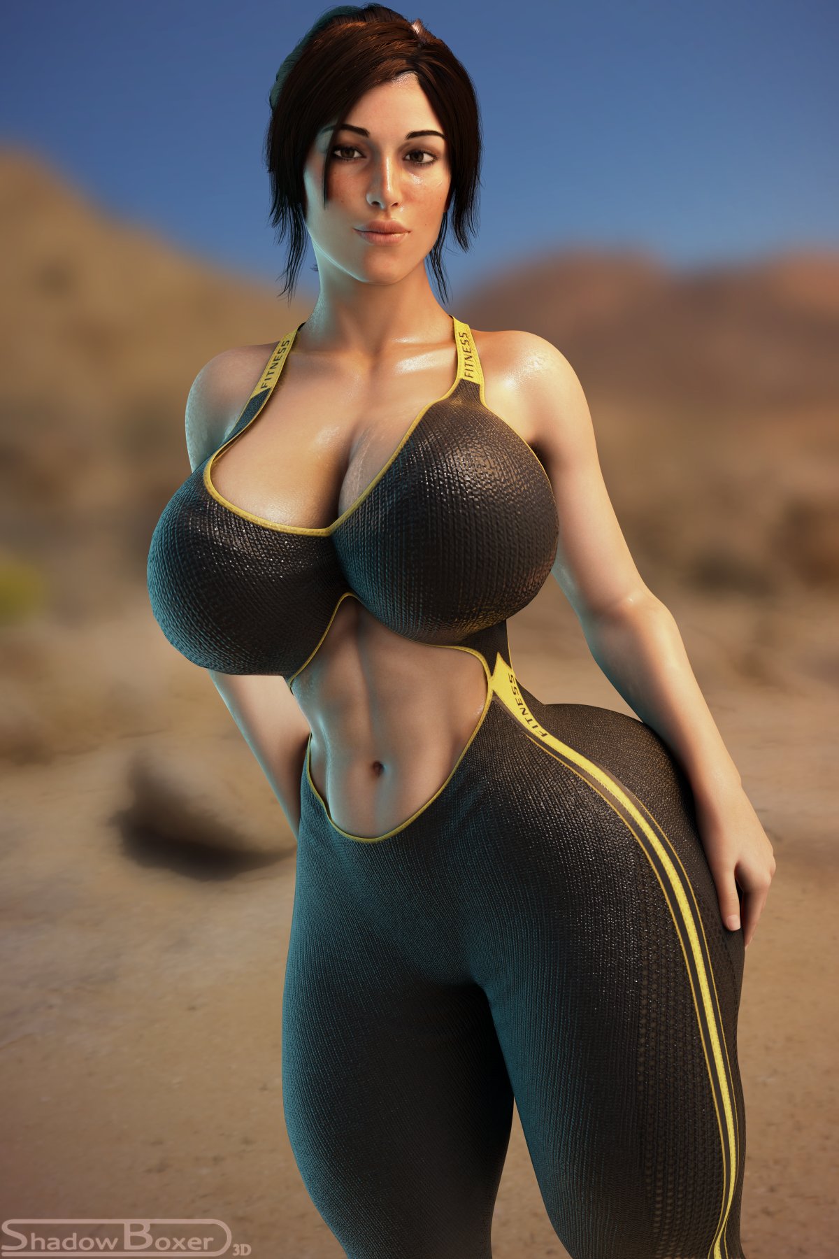 1girls, 3d, blender, breasts, female, female only, huge breasts, lara croft, lara croft (survivor), looking at viewer, shadowboxer, solo, thick thighs, tomb raider, tomb raider (survivor), wide hips